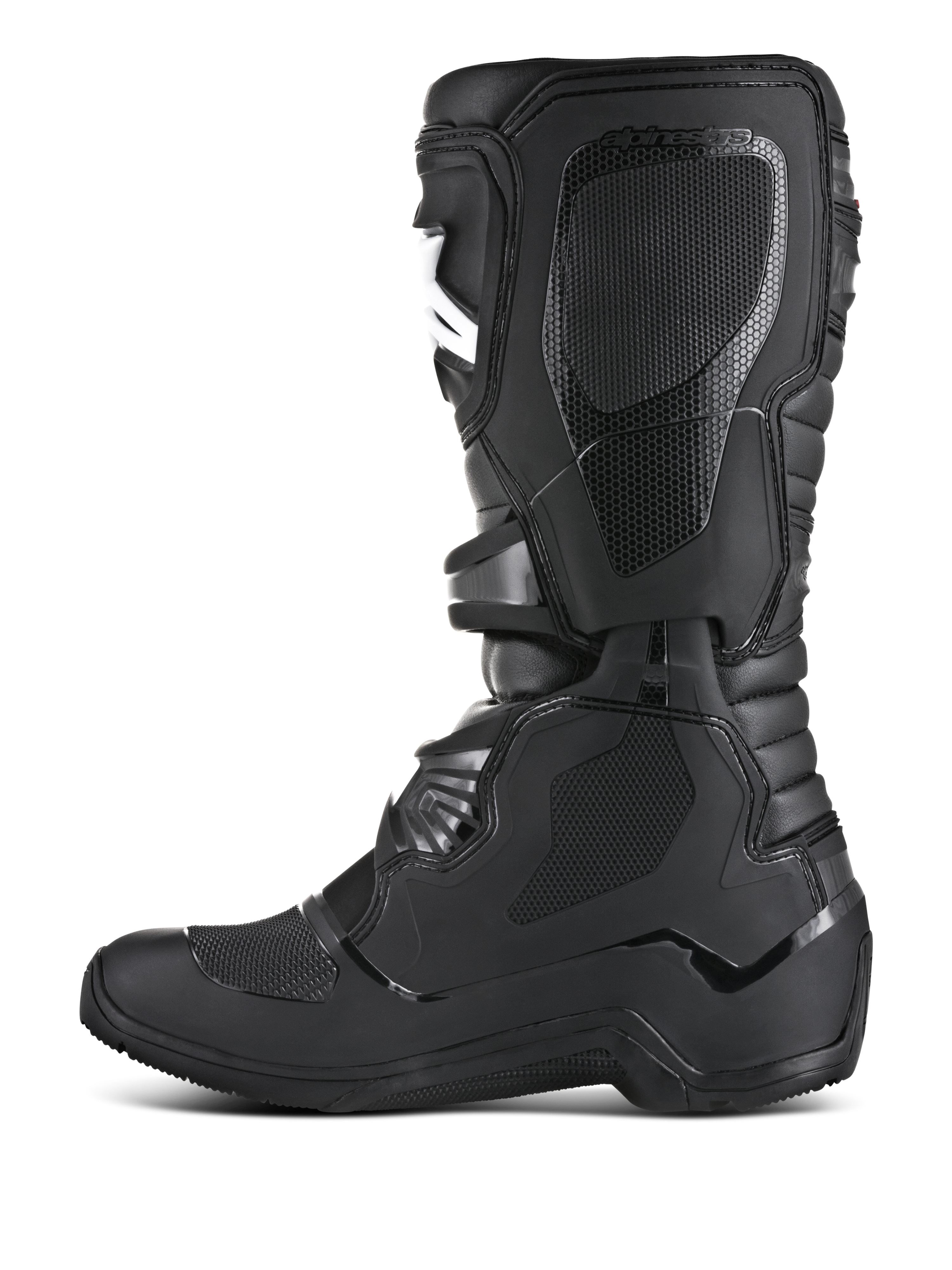 Bottes Alpinestars Tech 3 Enduro, bottes de moto tout-terrain, noir, profil latéral interne présentant des panneaux d'adhérence en TPU texturé, plaque de tibia protectrice et construction durable pour l'enduro et le motocross