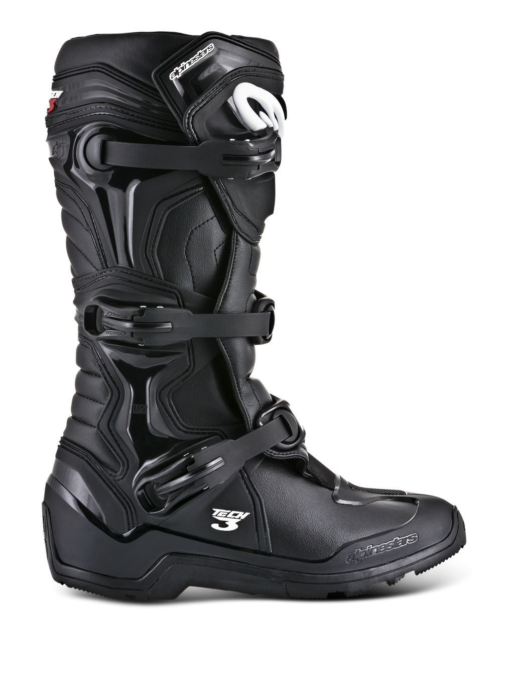 Bottes Alpinestars Tech 3 Enduro, bottes de moto tout-terrain noires, profil latéral montrant le système de fermeture à triple boucle, panneaux de protection en TPU renforcés, semelle à crampons haute adhérence et marquage Alpinestars blanc.