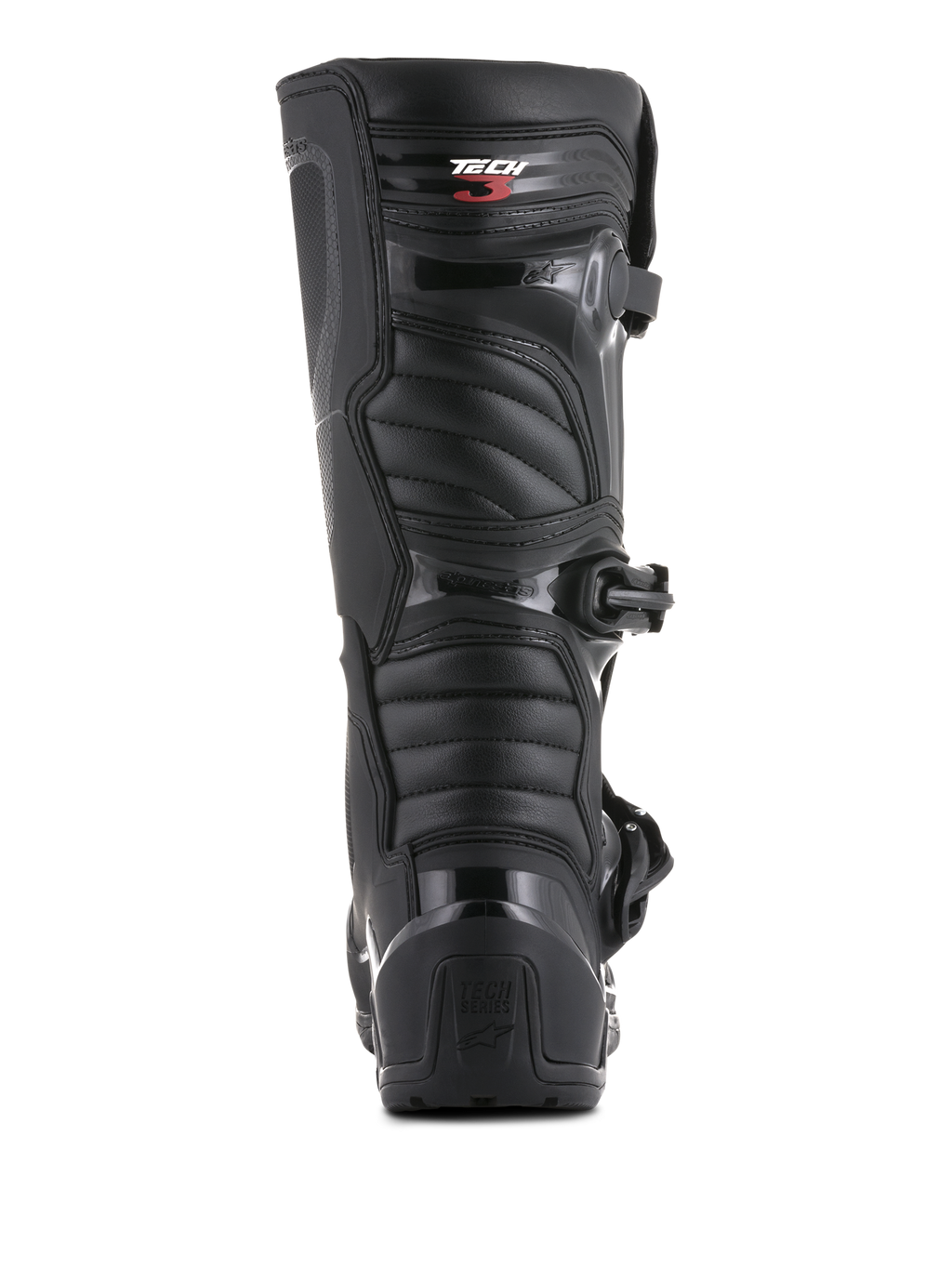Bottes Alpinestars Tech 3 Enduro, vue arrière, noir, avec contrefort de talon en TPU, logo Tech Series et panneaux flexibles côtelés, chaussures de protection durables pour le motocross et le tout-terrain