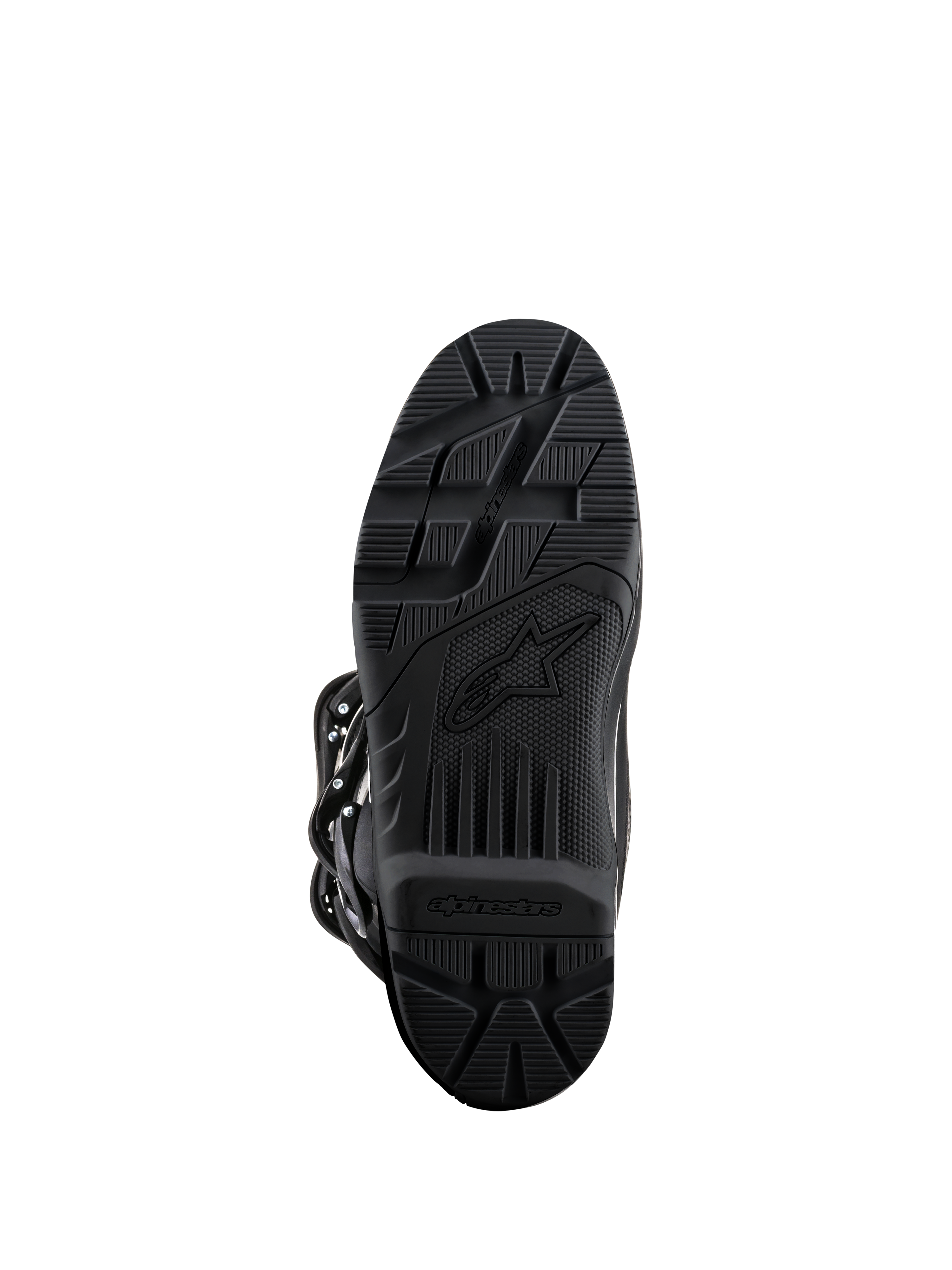 Bottes Alpinestars Tech 3 Enduro, Noir, vue de la semelle, composé de caoutchouc haute adhérence avec motif de crampons texturé pour une durabilité tout-terrain, arborant le logo Alpinestars