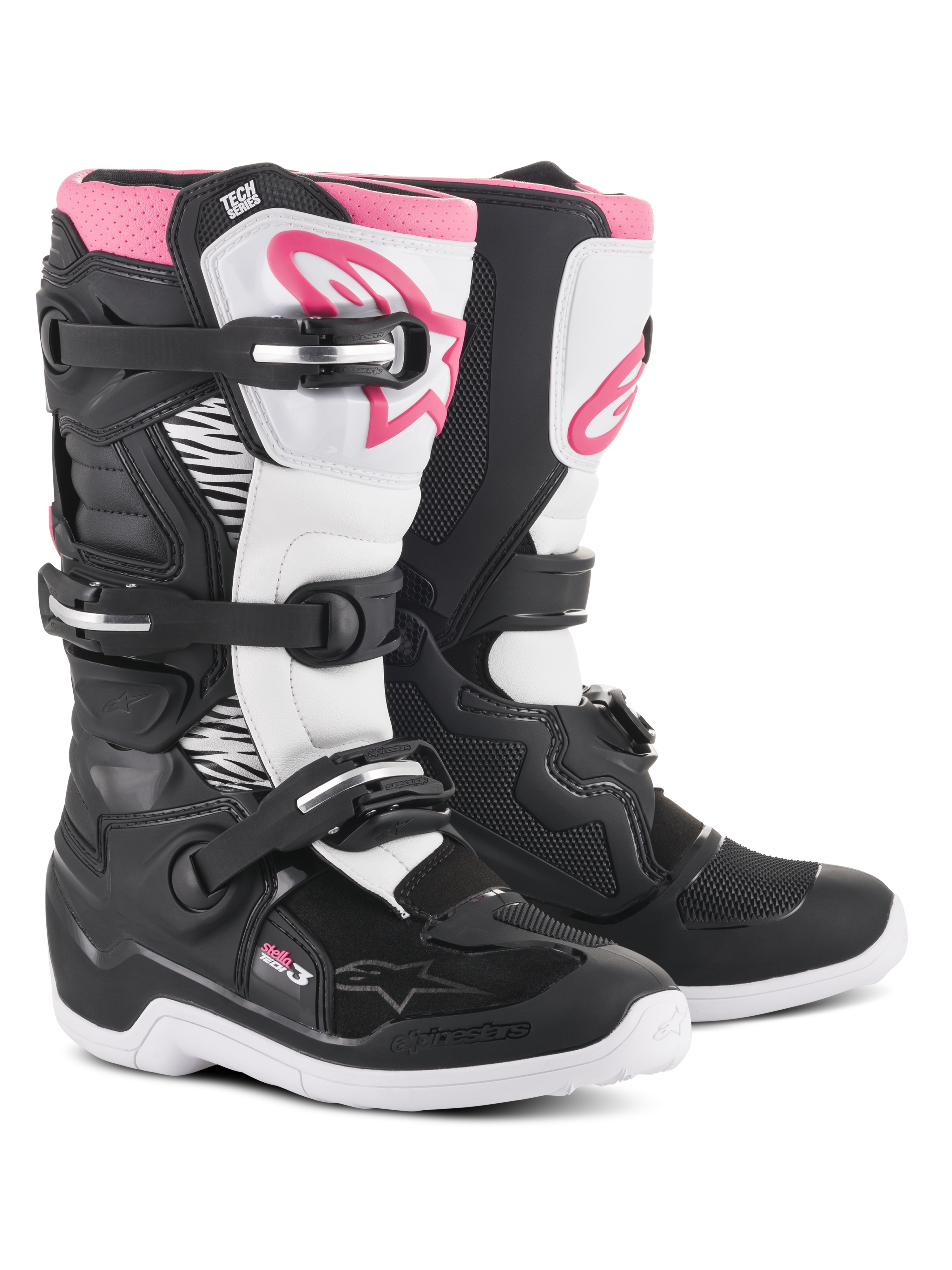 Bottes Alpinestars Stella Tech 3, bottes de motocross pour femme, noir, blanc et rose, dotées d'une plaque de tibia blanche avec logo Alpinestars rose, d'un châssis noir avec zones de flexion blanches et d'un système de fermeture à trois boucles