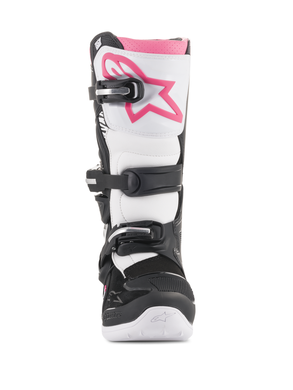 Alpinestars Stella Tech 3, bottes de motocross pour femme, noir, blanc et rose, vue de face présentant une plaque protège-tibia blanche avec un logo Astars rose, système de fermeture à boucles noires et revers supérieur rose, équipement de protection durable pour le tout-terrain