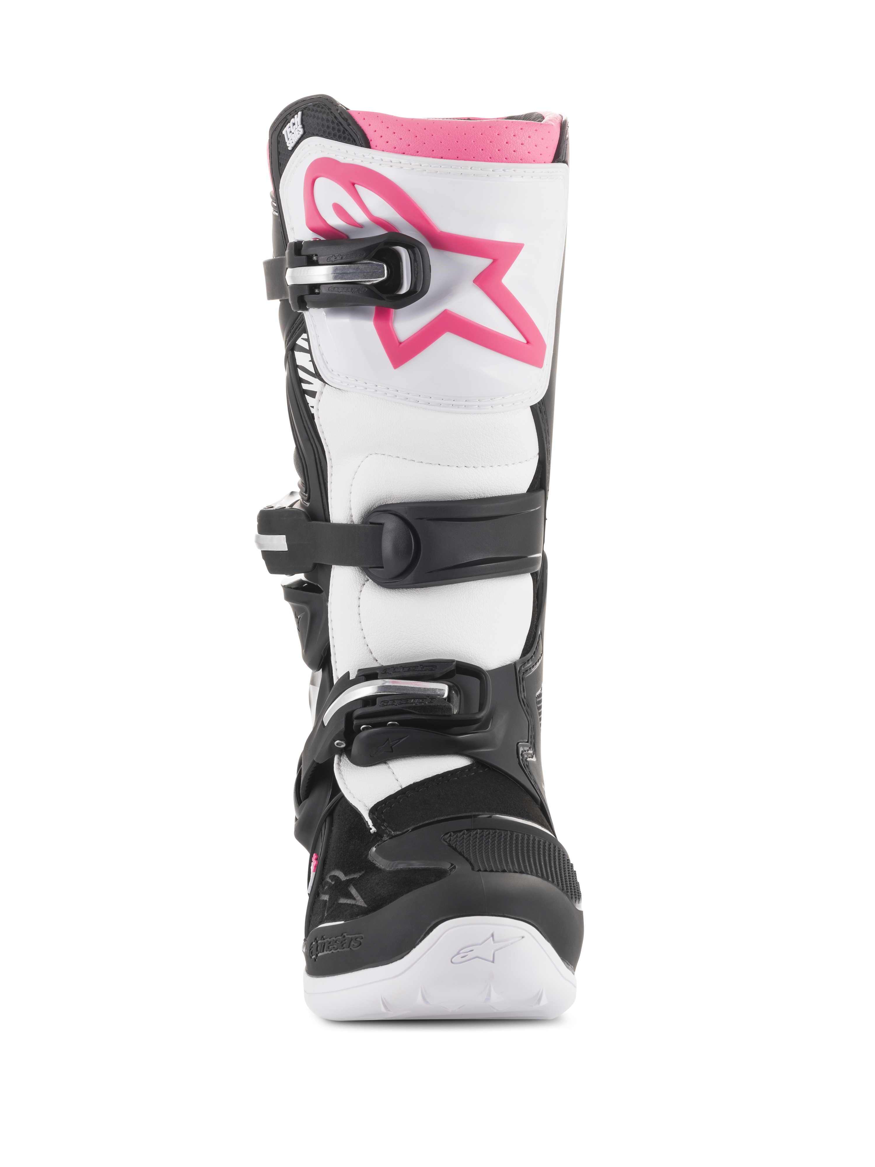 Alpinestars Stella Tech 3, bottes de motocross pour femme, noir, blanc et rose, vue de face présentant une plaque protège-tibia blanche avec un logo Astars rose, système de fermeture à boucles noires et revers supérieur rose, équipement de protection durable pour le tout-terrain
