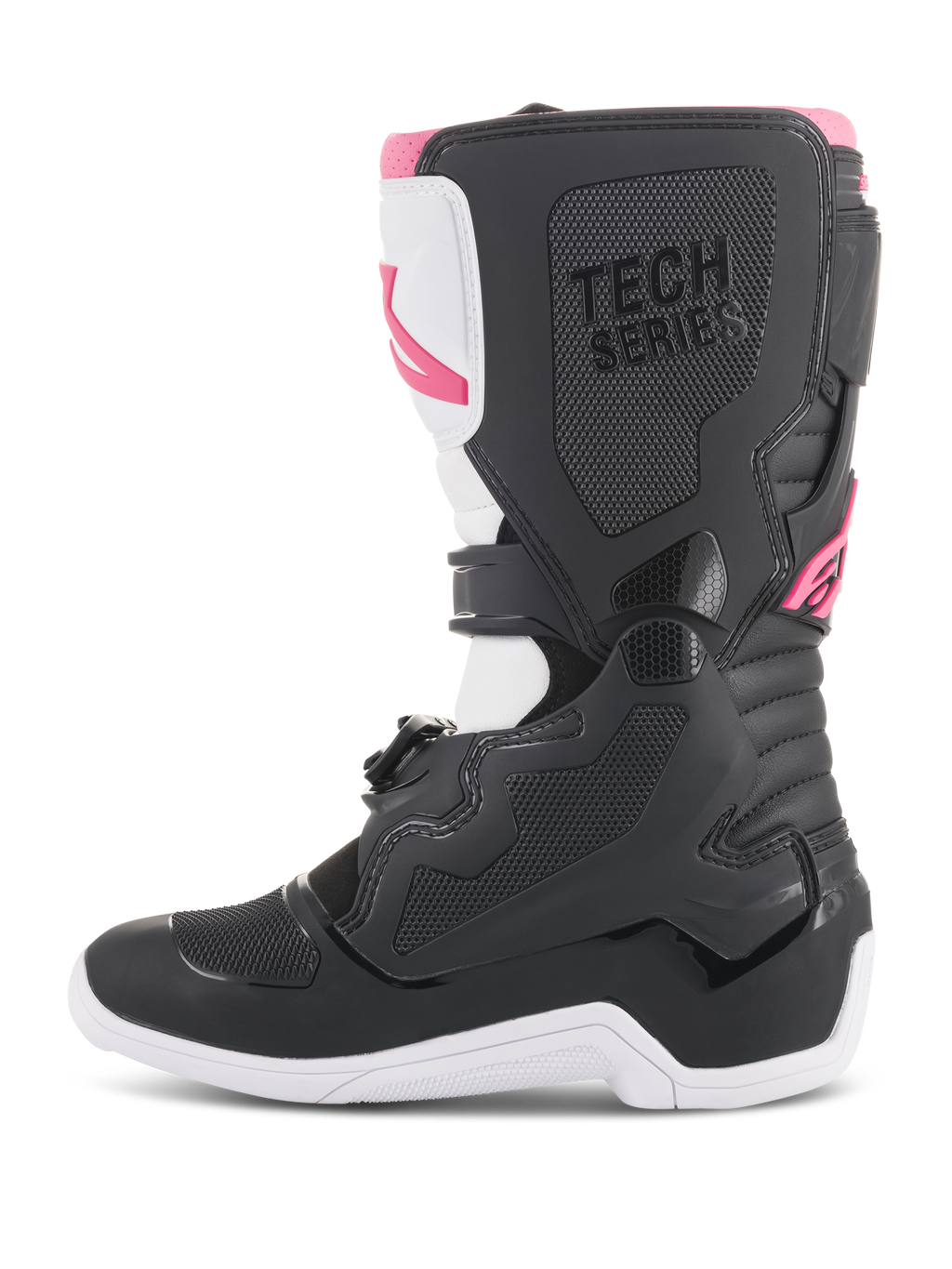 Bottes Alpinestars Stella Tech 3 pour femme, bottes de motocross, noir, blanc et rose, profil latéral avec plaque de tibia protectrice en TPU, panneaux de préhension texturés et marquage « TECH SERIES » pour la course tout-terrain