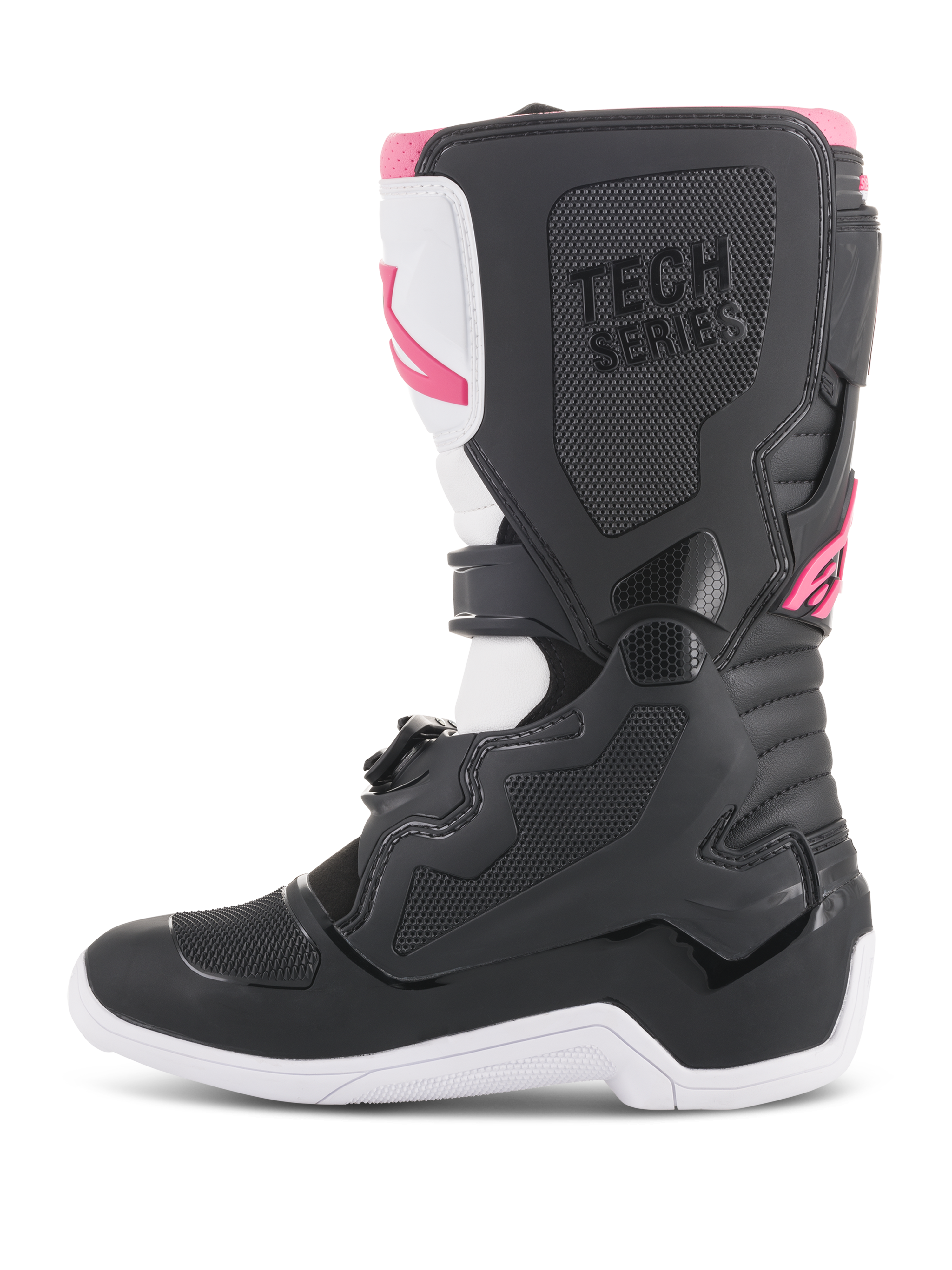 Bottes Alpinestars Stella Tech 3 pour femme, bottes de motocross, noir, blanc et rose, profil latéral avec plaque de tibia protectrice en TPU, panneaux de préhension texturés et marquage « TECH SERIES » pour la course tout-terrain