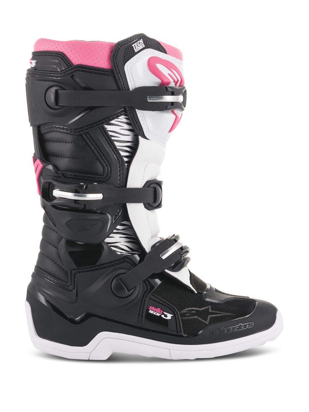 Alpinestars Stella Tech 3 pour femme, bottes de motocross, noires, blanches et roses, vue de profil montrant le système de fermeture à trois boucles, panneaux graphiques à imprimé zèbre, protection du tibia en TPU et semelle extérieure en caoutchouc blanc pour la conduite tout-terrain