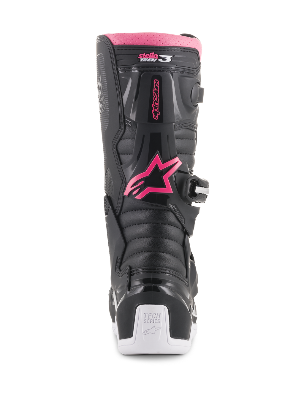 Bottes de motocross Alpinestars Stella Tech 3 pour femme, noir, blanc et rose, vue arrière montrant le logo étoile Alpinestars rose, le bord supérieur rose, des panneaux noirs texturés et le talon blanc avec marquage Tech Series.