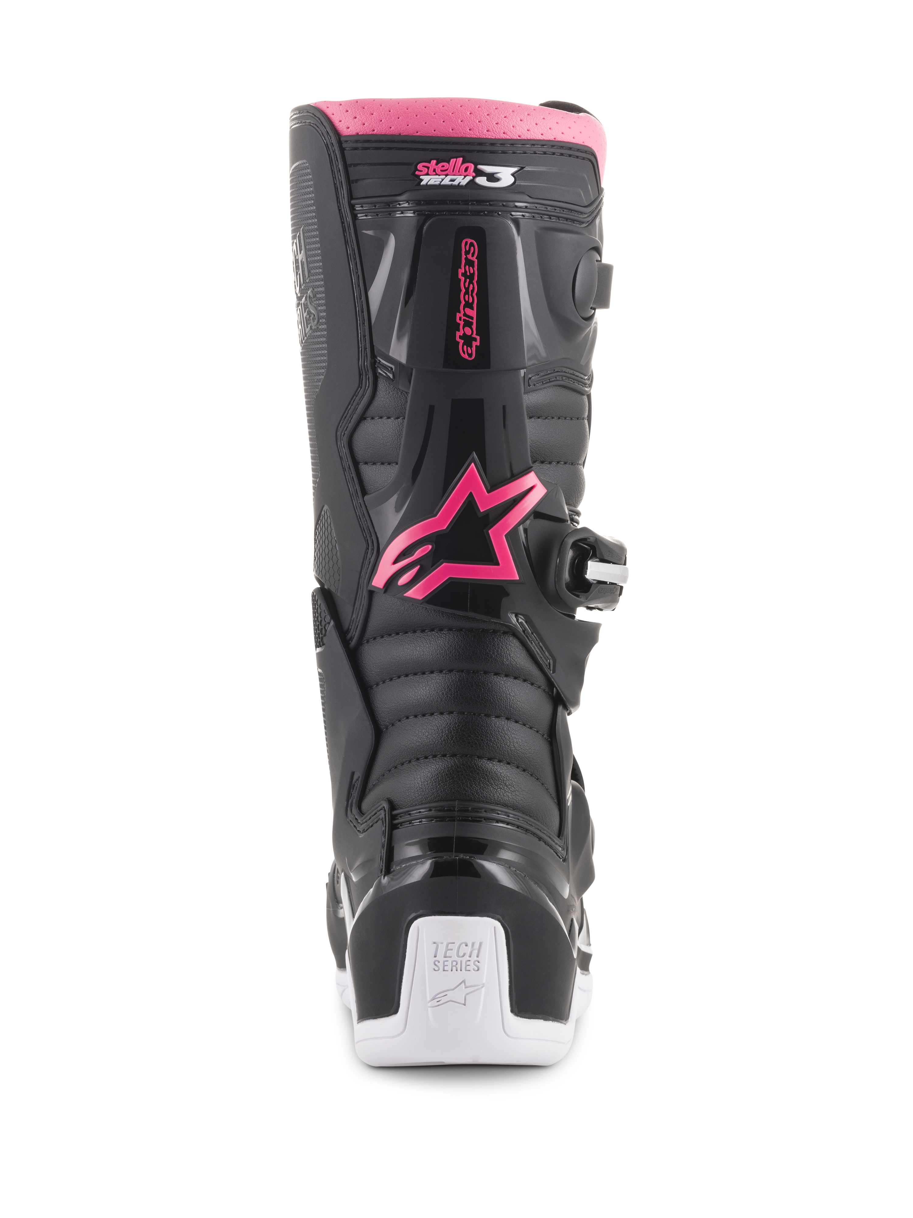 Bottes de motocross Alpinestars Stella Tech 3 pour femme, noir, blanc et rose, vue arrière montrant le logo étoile Alpinestars rose, le bord supérieur rose, des panneaux noirs texturés et le talon blanc avec marquage Tech Series.