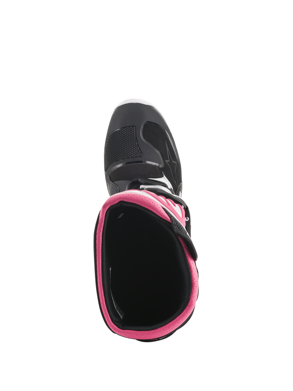 Bottes Alpinestars Stella Tech 3 pour femme, bottes de motocross, noir, blanc et rose, vue de dessus montrant le col intérieur rose et la coque des orteils, équipement durable pour la course tout-terrain