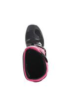 Bottes Alpinestars Stella Tech 3 pour femme, bottes de motocross, noir, blanc et rose, vue de dessus montrant le col intérieur rose et la coque des orteils, équipement durable pour la course tout-terrain