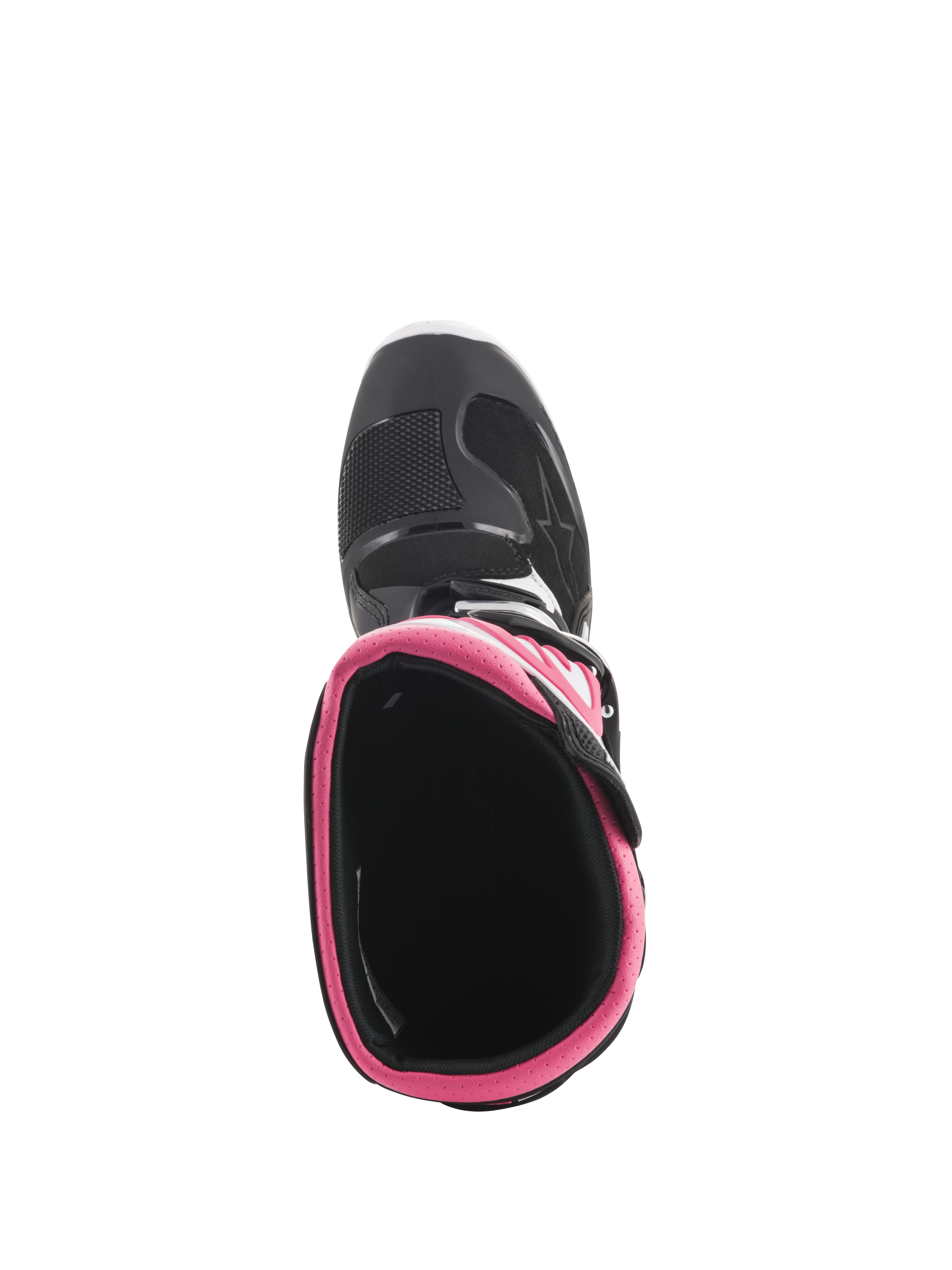 Bottes Alpinestars Stella Tech 3 pour femme, bottes de motocross, noir, blanc et rose, vue de dessus montrant le col intérieur rose et la coque des orteils, équipement durable pour la course tout-terrain