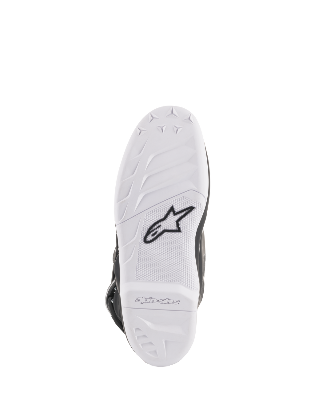 Bottes Alpinestars Stella Tech 3 pour femme, vue de la semelle, composé en caoutchouc blanc avec logo Astar noir, motifs d'adhérence texturés et logos embossés, semelle de botte de motocross durable et remplaçable