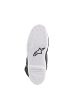 Bottes Alpinestars Stella Tech 3 pour femme, vue de la semelle, composé en caoutchouc blanc avec logo Astar noir, motifs d'adhérence texturés et logos embossés, semelle de botte de motocross durable et remplaçable