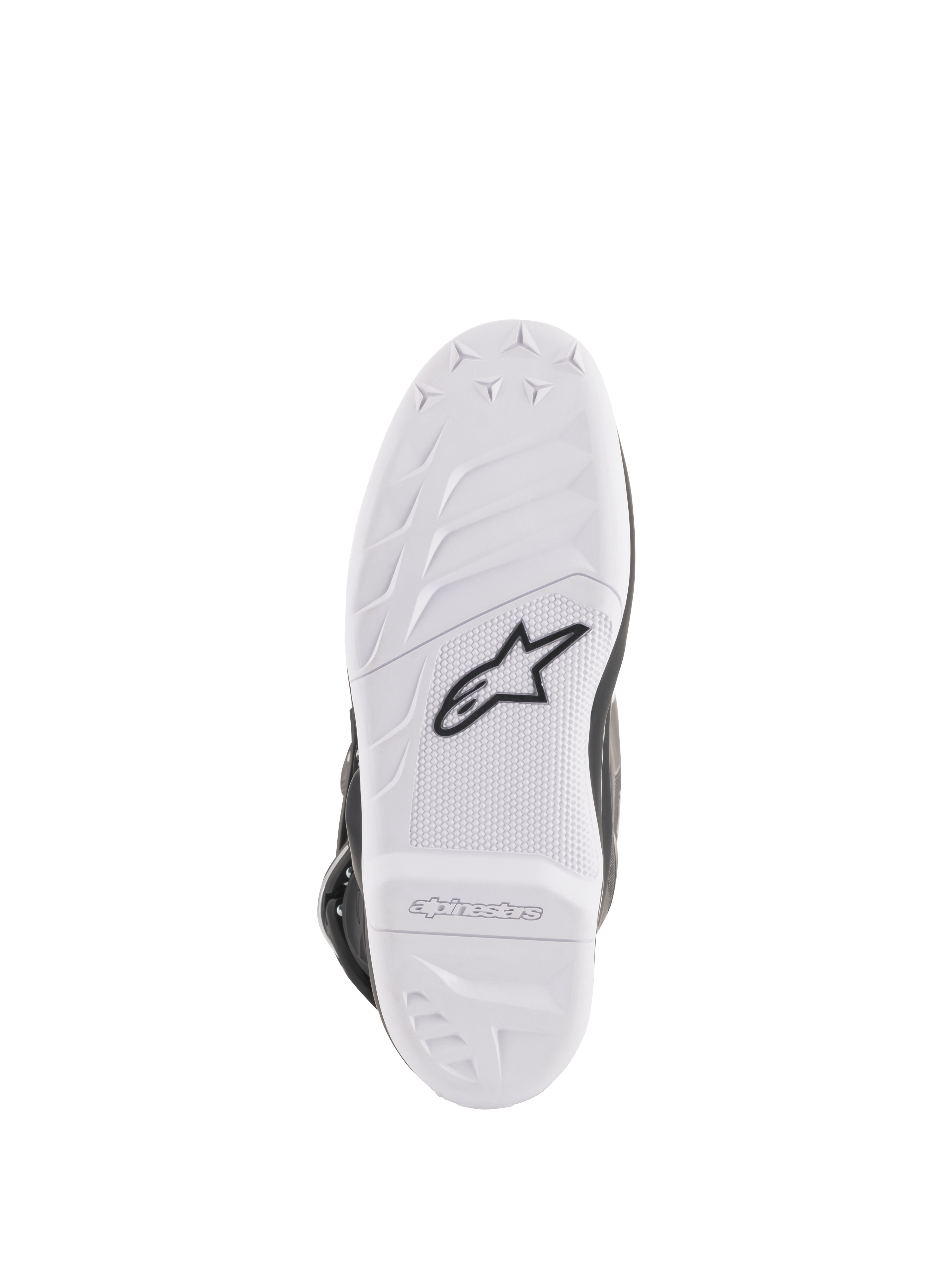 Bottes Alpinestars Stella Tech 3 pour femme, vue de la semelle, composé en caoutchouc blanc avec logo Astar noir, motifs d'adhérence texturés et logos embossés, semelle de botte de motocross durable et remplaçable