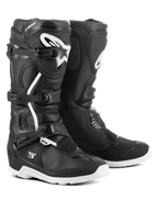 Alpinestars Tech 3 Enduro Waterproof Boots, Motocross and Off-road Boots, Black and White, featuring three-buckle closure system, white TPU logo on the shin, reinforced ankle and heel protection, and durable white soles.