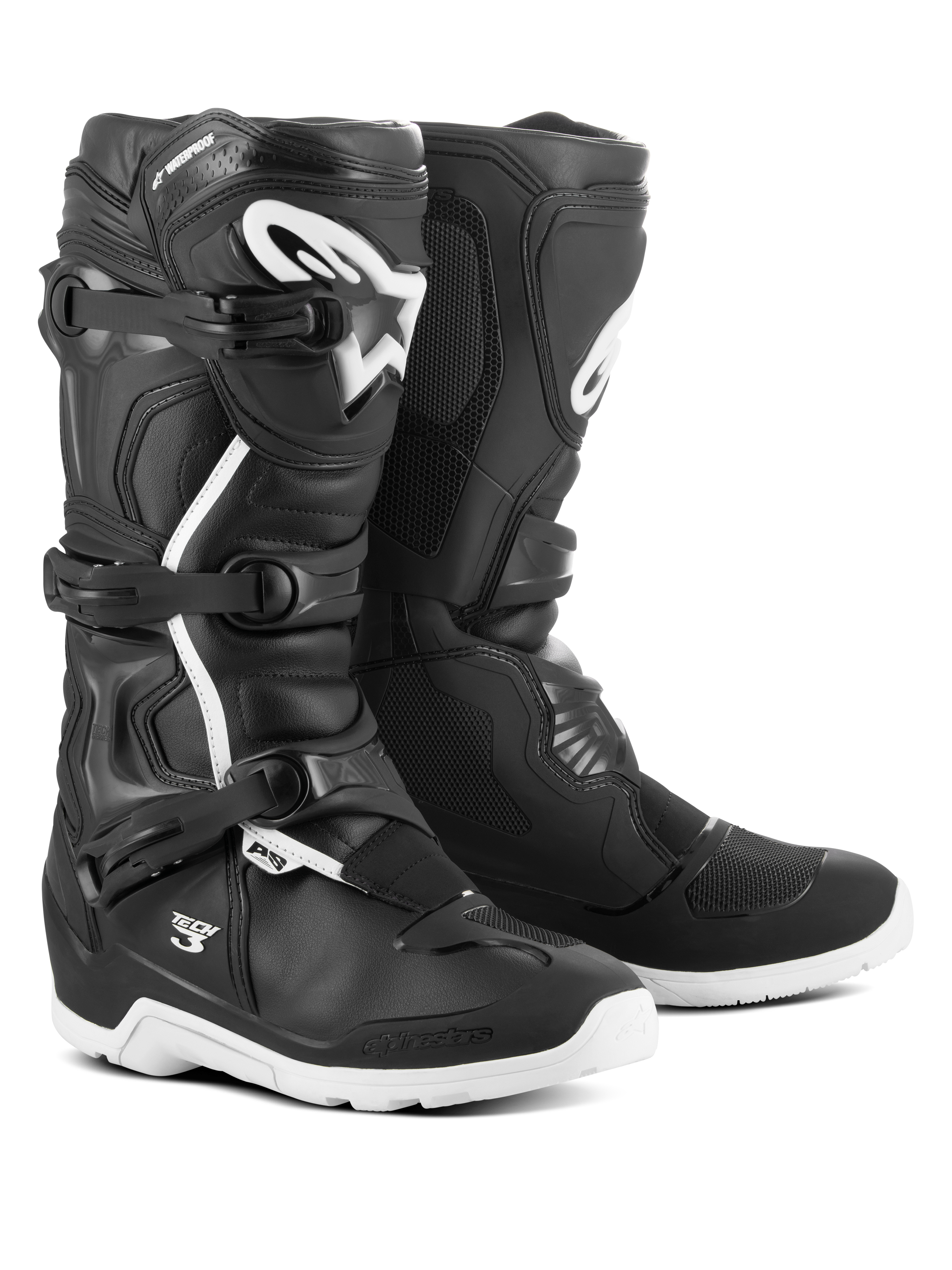Alpinestars Tech 3 Enduro Waterproof Boots, Motocross and Off-road Boots, Black and White, featuring three-buckle closure system, white TPU logo on the shin, reinforced ankle and heel protection, and durable white soles.