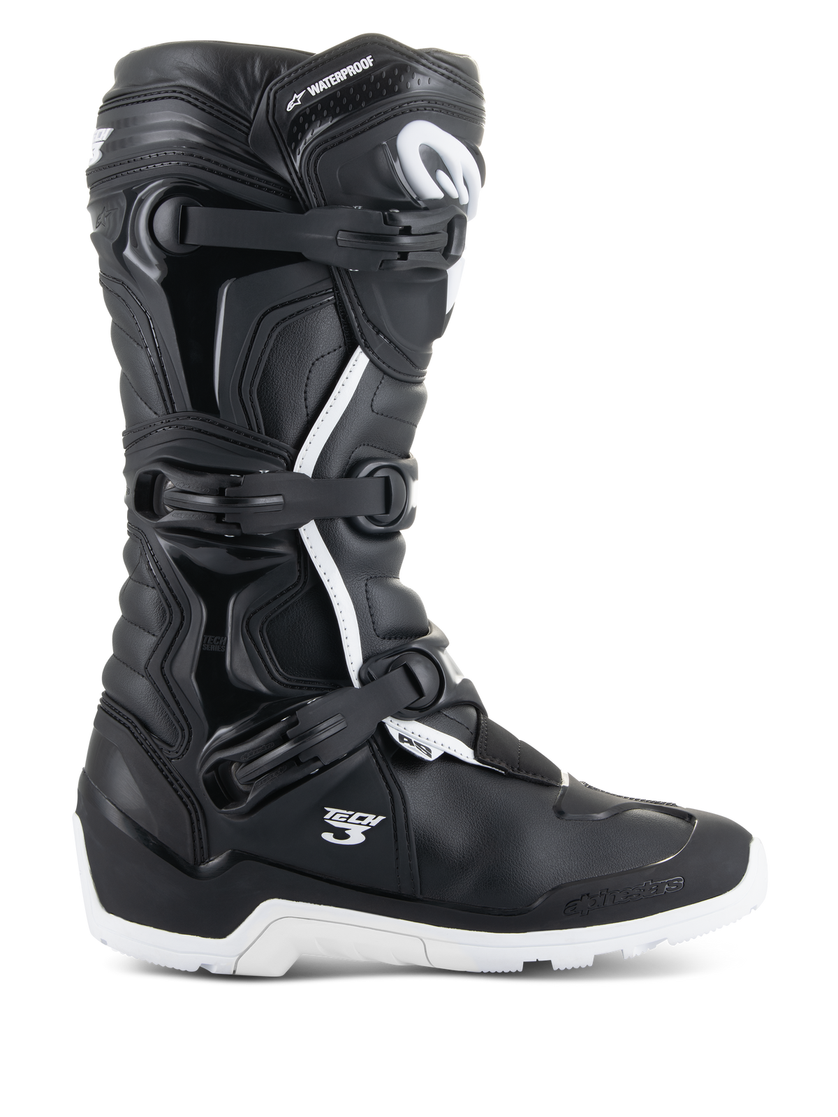 Bottes Alpinestars Tech 3 Enduro Waterproof, vue de profil, noir et blanc, dotées d'un système de fermeture à trois boucles, panneaux de protection en TPU renforcé, semelle blanche robuste, marquages « Tech 3 » et « Waterproof », équipement de moto tout-terrain et d'aventure durable