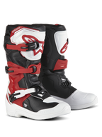 Bottes Alpinestars Youth Tech 3S, bottes de motocross, blanc, noir et rouge vif, système de fermeture à trois boucles, plaque de tibia en TPU avec logo Alpinestars, tige en microfibre durable et coque de pied renforcée pour des performances tout-terrain