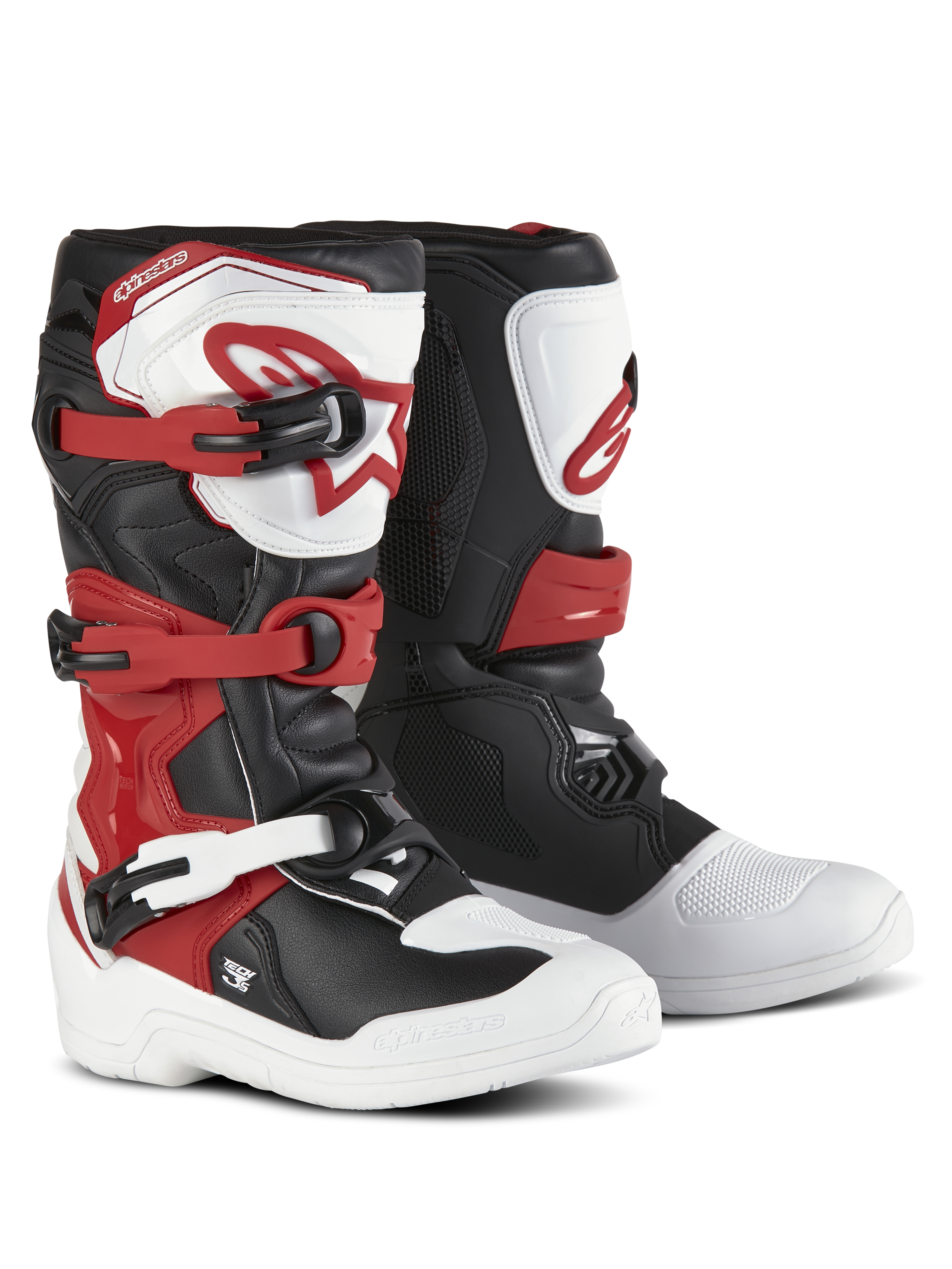 Bottes Alpinestars Youth Tech 3S, bottes de motocross, blanc, noir et rouge vif, système de fermeture à trois boucles, plaque de tibia en TPU avec logo Alpinestars, tige en microfibre durable et coque de pied renforcée pour des performances tout-terrain
