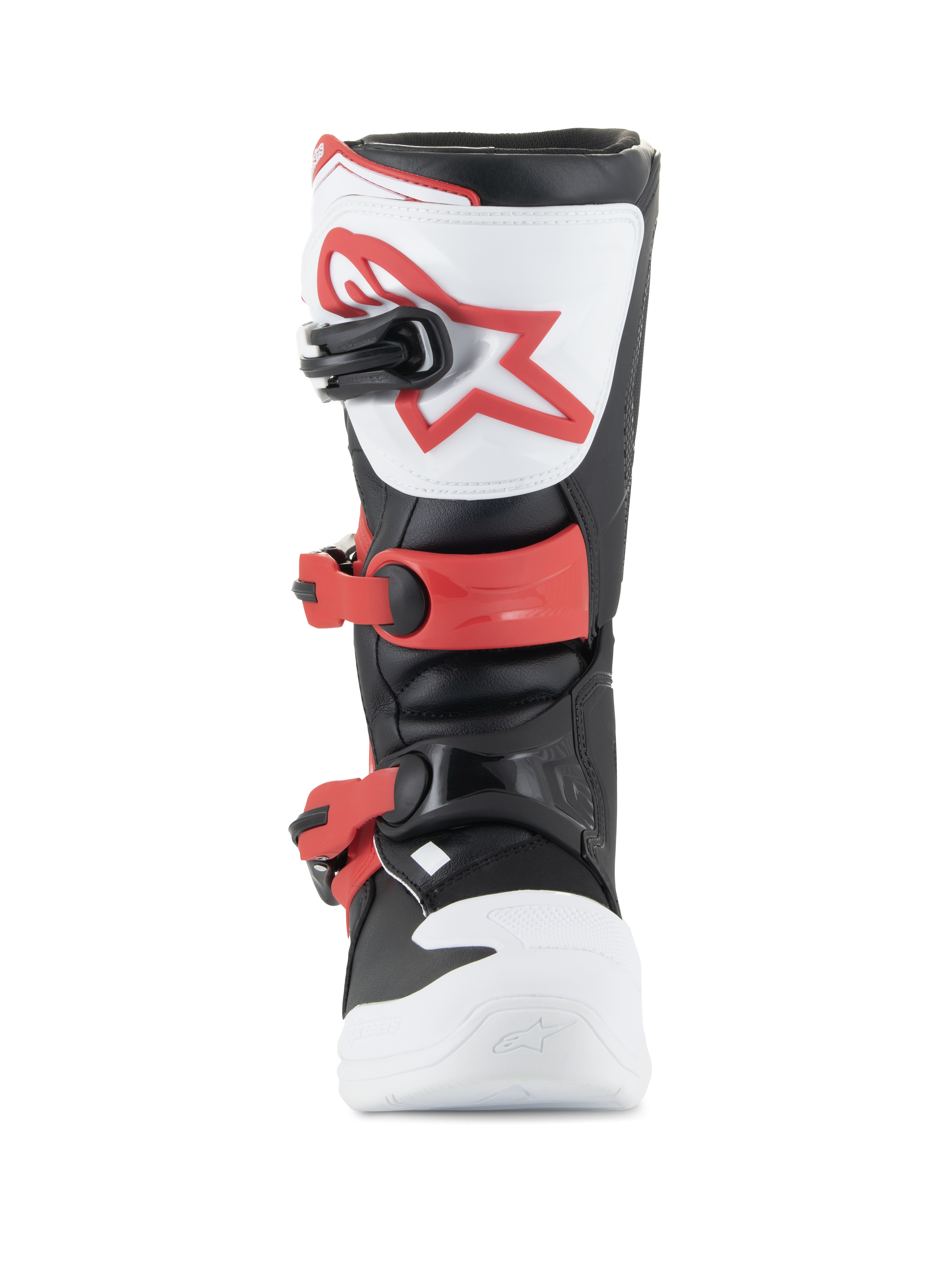 Bottes Alpinestars Youth Tech 3S, bottes de motocross, blanc, noir et rouge vif, vue de face montrant la plaque de tibia en TPU avec logo rouge, boucles rouges ajustables et construction en microfibre durable pour les jeunes pilotes