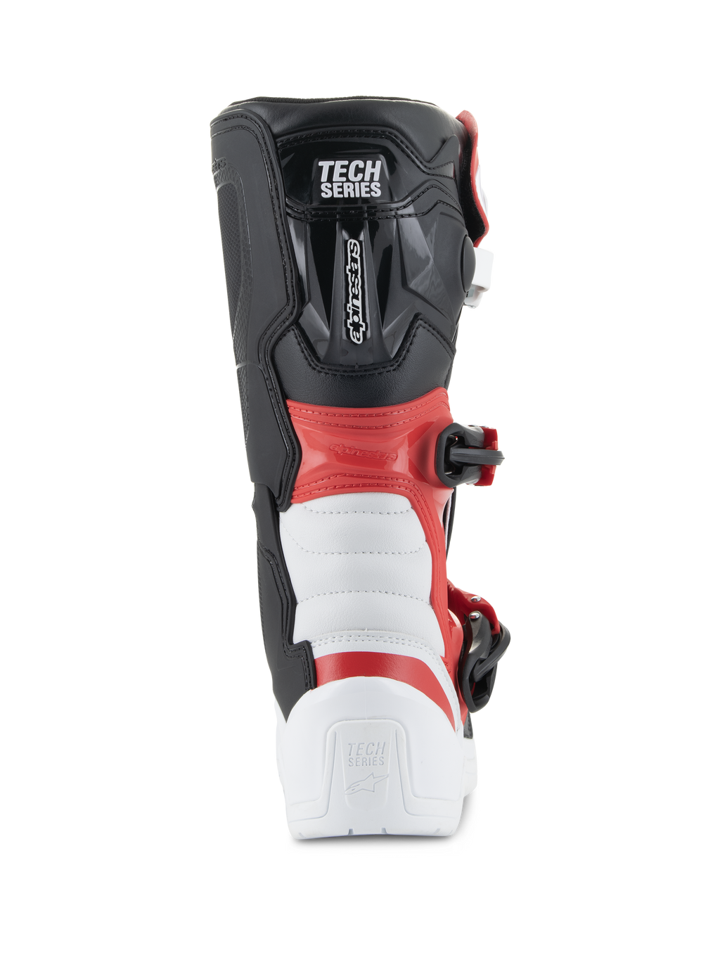 Bottes Alpinestars Youth Tech 3S, bottes de motocross, blanc, noir et rouge vif, vue arrière montrant le logo « TECH SERIES », protection renforcée du talon et du mollet, construction en microfibre durable pour la course tout-terrain