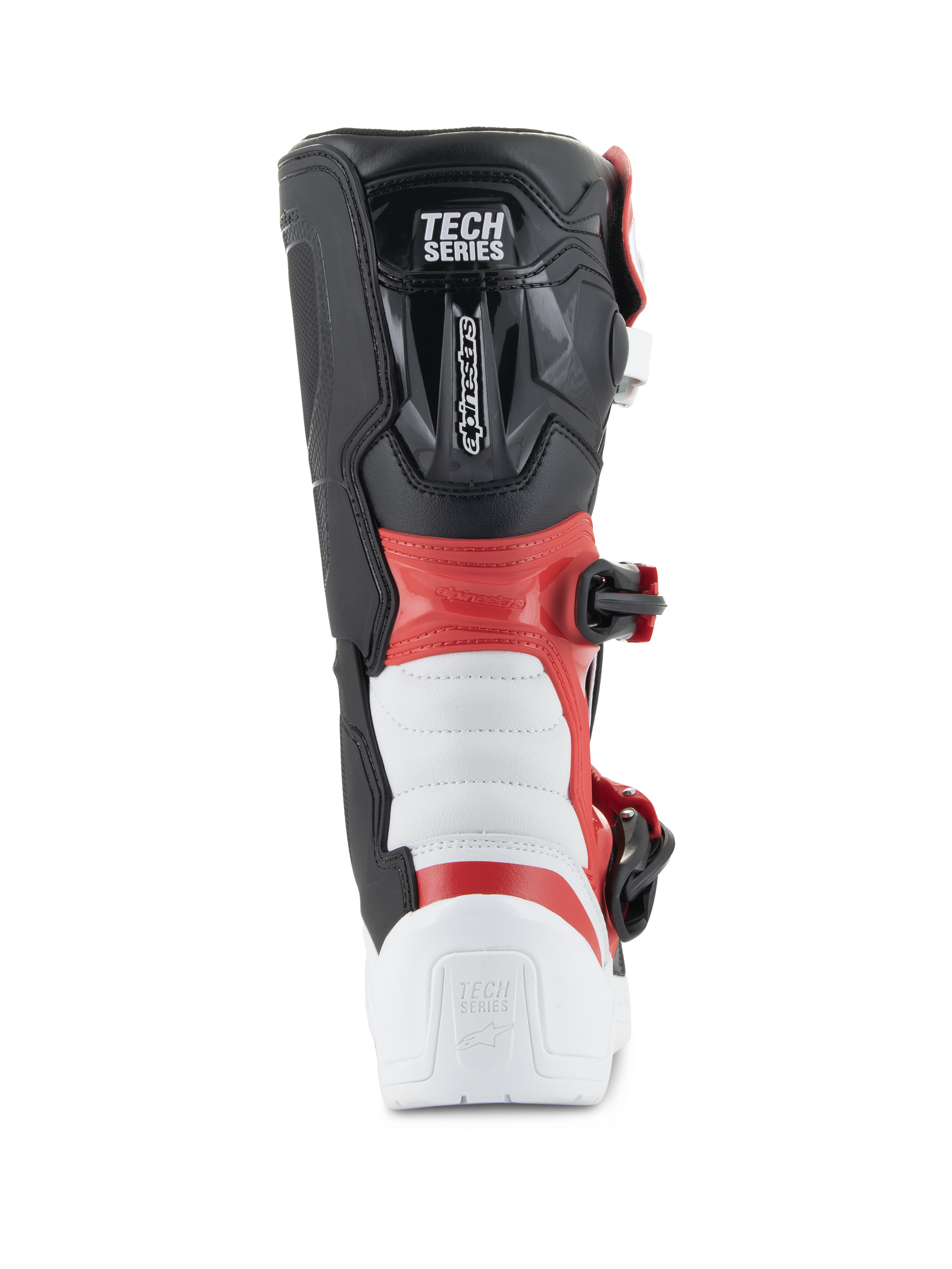Bottes Alpinestars Youth Tech 3S, bottes de motocross, blanc, noir et rouge vif, vue arrière montrant le logo « TECH SERIES », protection renforcée du talon et du mollet, construction en microfibre durable pour la course tout-terrain