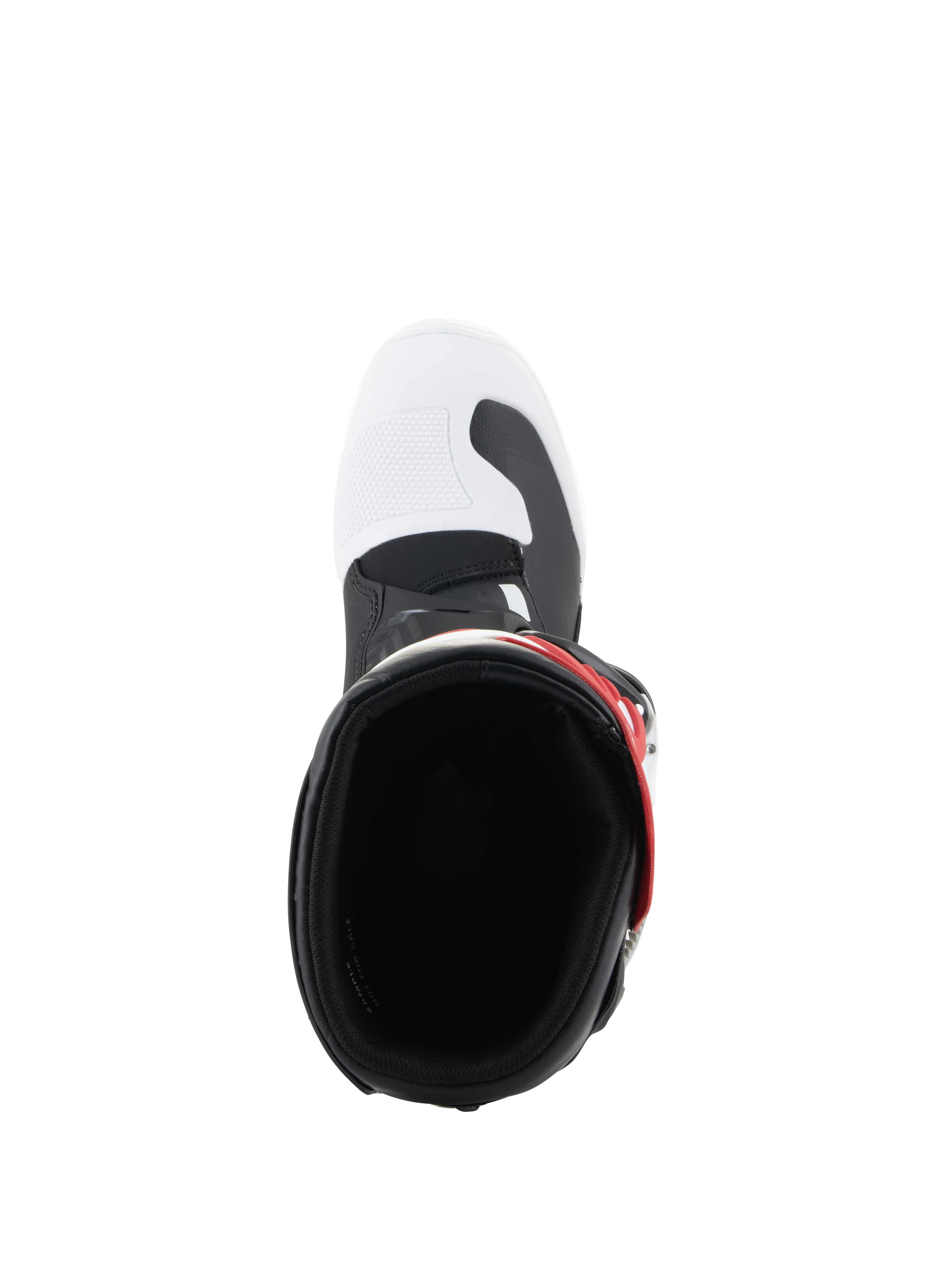 Bottes Alpinestars Tech 3S Junior, bottes de motocross, blanc, noir et rouge vif, vue de dessus montrant l'ouverture de la botte, bout blanc avec accents noirs et détail de sangle rouge, conçues pour les jeunes pilotes