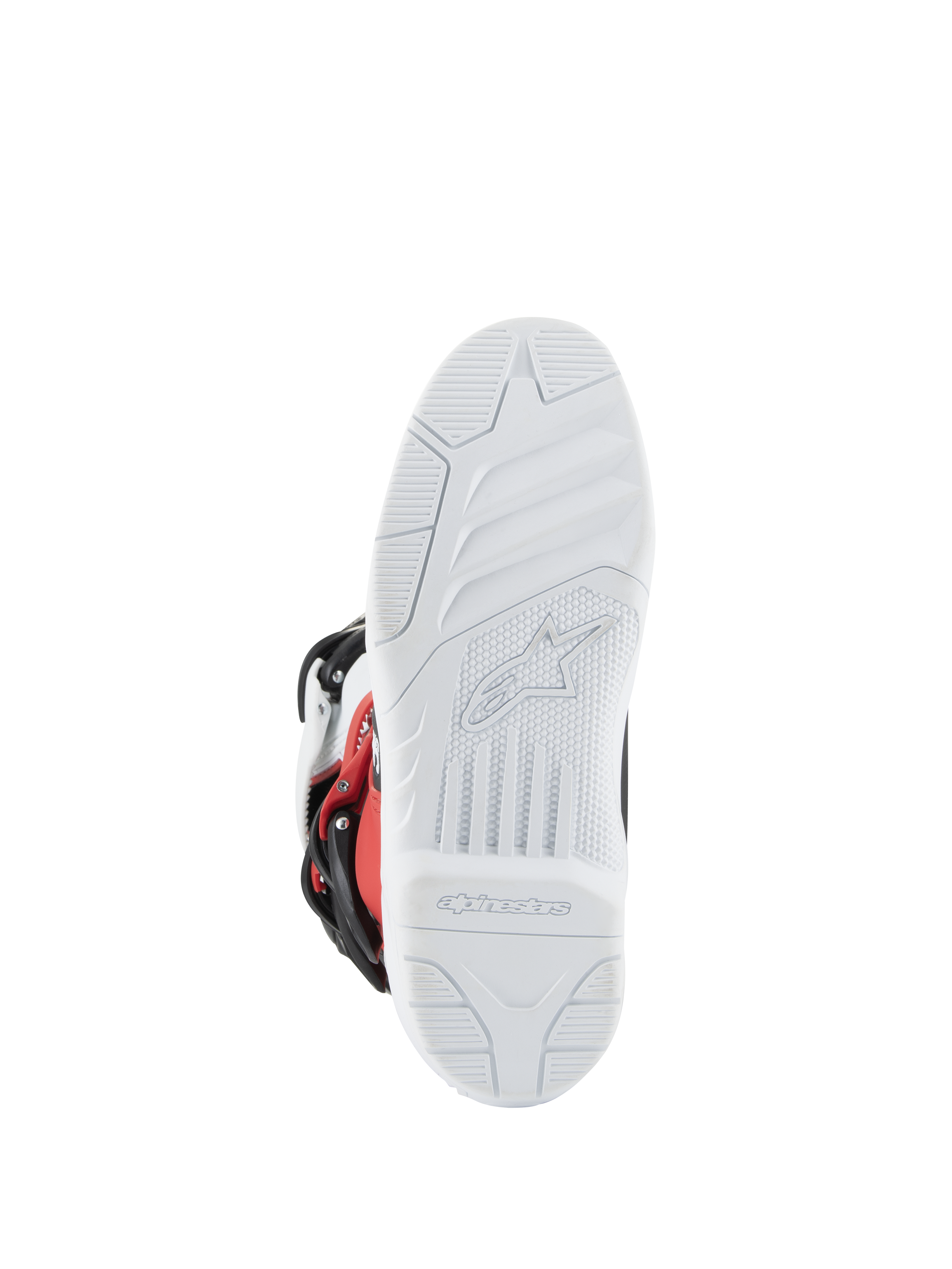 Bottes Alpinestars Youth Tech 3S, bottes de motocross, blanc, noir et rouge éclatant, vue de la semelle montrant le relief texturé blanc avec logo et marquage Alpinestars moulés, semelle durable pour des performances tout-terrain