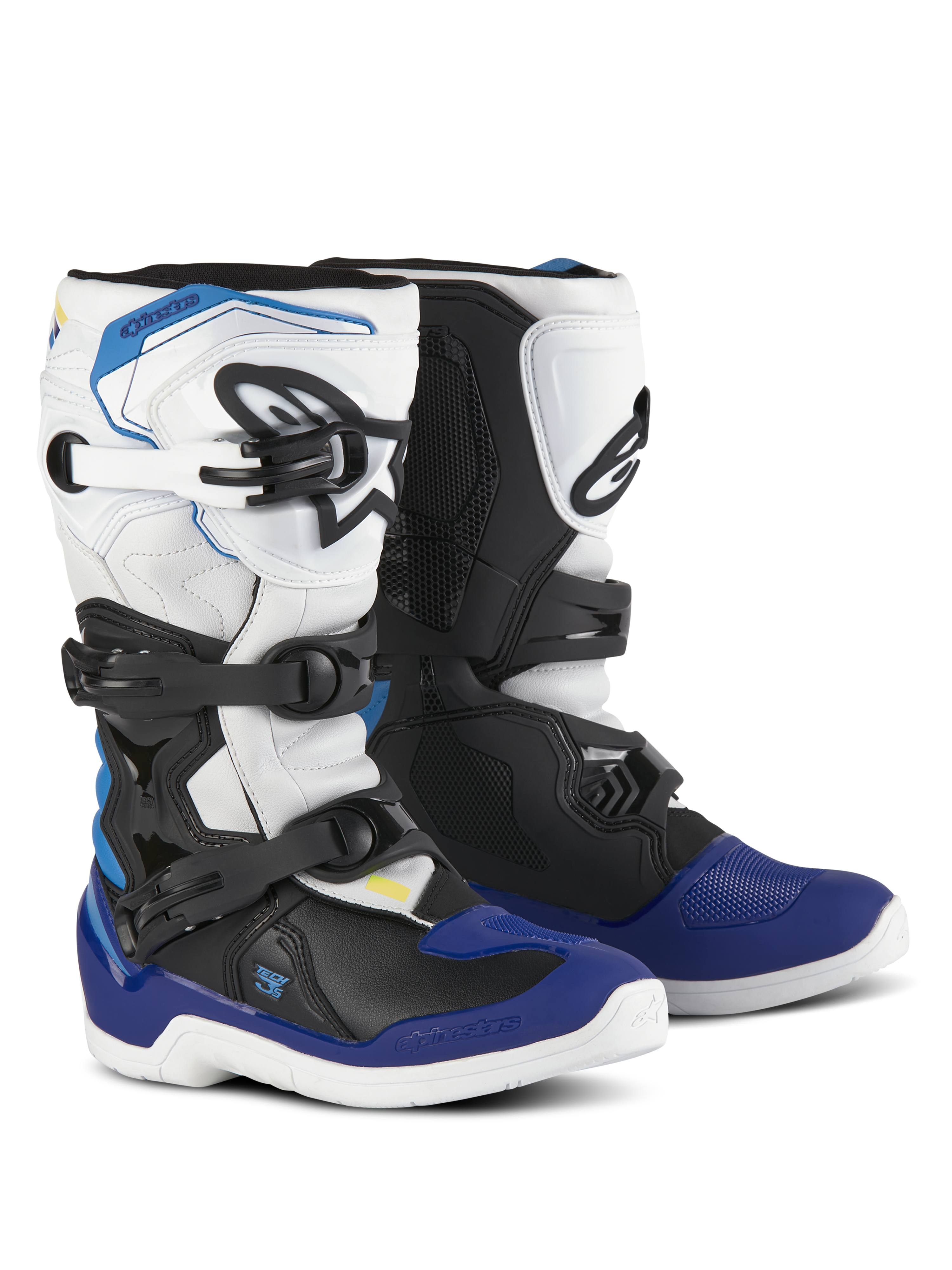 Alpinestars Youth Tech 3S Boots, Motocross Boots, White Black and Enamel Blue, featuring a multi-buckle closure system, textured grip zones, and white soles, durable protective motorcycle boots for youth riders