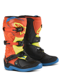 Alpinestars Youth Tech 3S, bottes de motocross pour enfant, orange fluo, bleu émail et jaune fluo, semelles bleues, système de fermeture à trois boucles, plaques de tibia protectrices en TPU, équipement de conduite tout-terrain