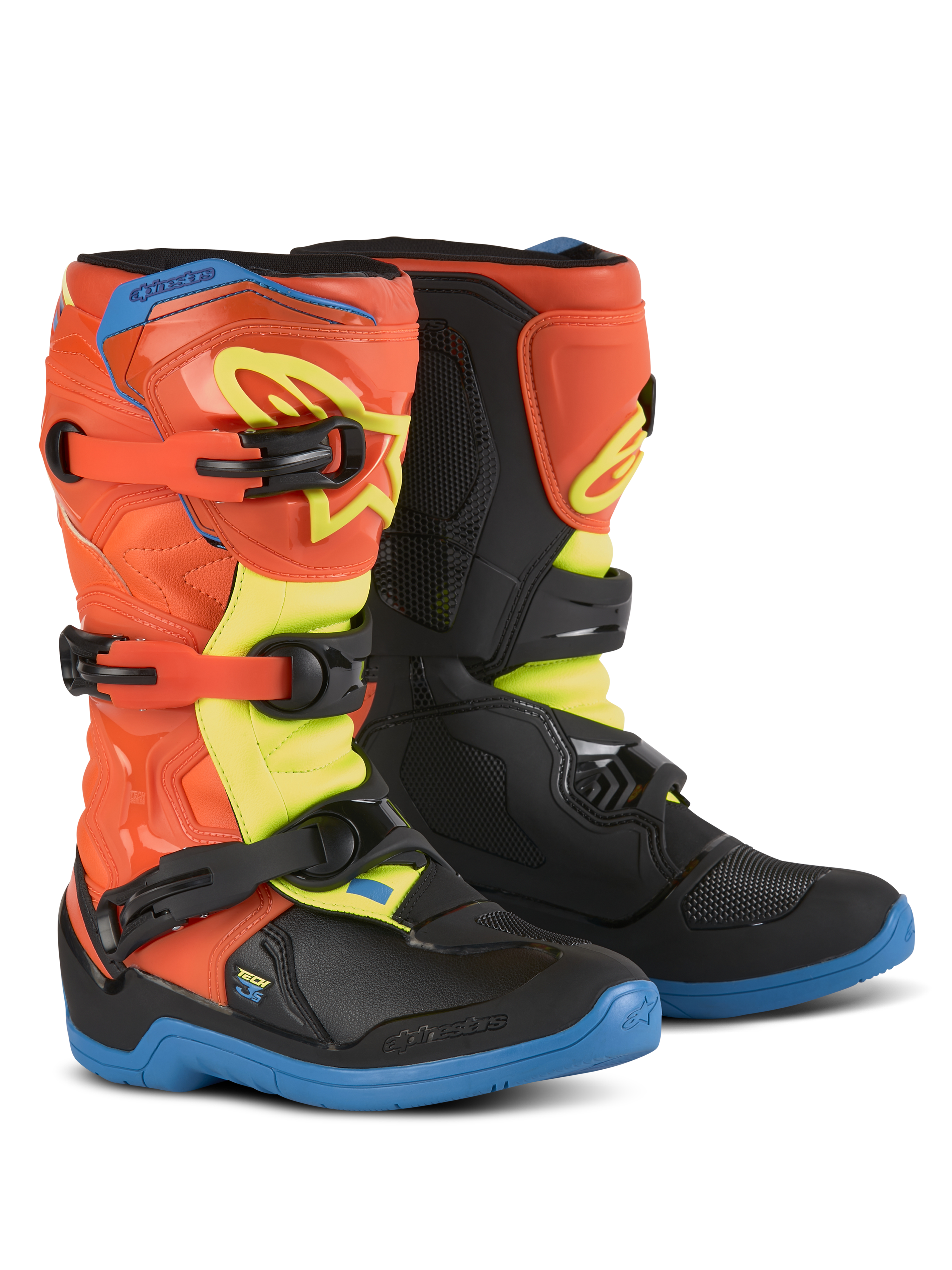 Alpinestars Youth Tech 3S, bottes de motocross pour enfant, orange fluo, bleu émail et jaune fluo, semelles bleues, système de fermeture à trois boucles, plaques de tibia protectrices en TPU, équipement de conduite tout-terrain