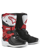 Alpinestars Kids Tech 3S Boots, Motocross Boots, White Black and Bright Red, featuring protective TPU shin plates, red straps with Alpinestars branding, buckle closure, and durable white outsoles.