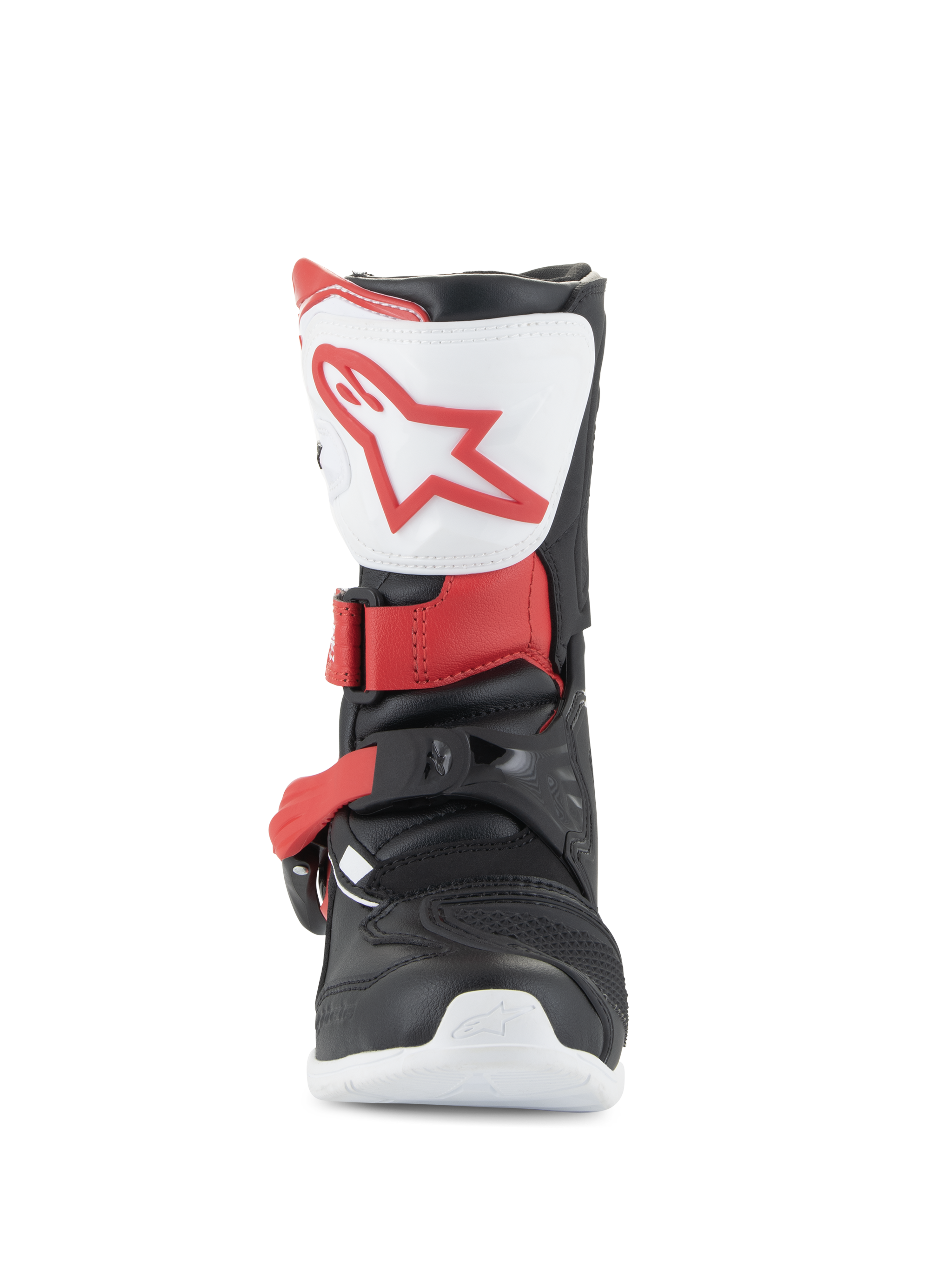 Alpinestars Kids Tech 3S Boots, Motocross Boots, White Black and Bright Red, front view showing white shin plate with red logo, black chassis with red buckle straps, protective off-road footwear for young riders