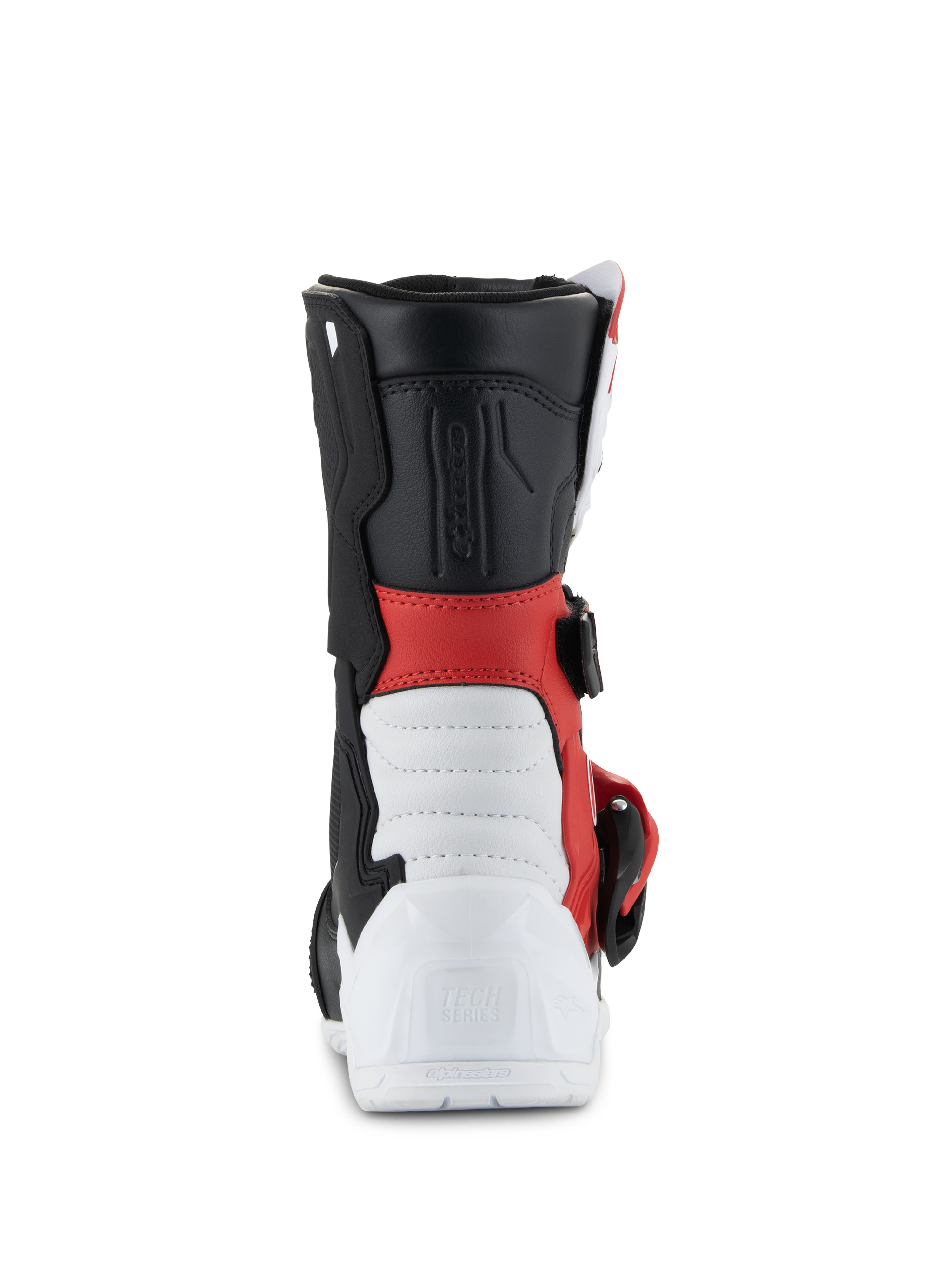 Alpinestars Kids Tech 3S Boots, Motocross Boots, White Black and Bright Red, rear view featuring white reinforced heel with embossed Tech Series logo, red mid-section, black upper cuff, and side buckle detail, protective off-road footwear