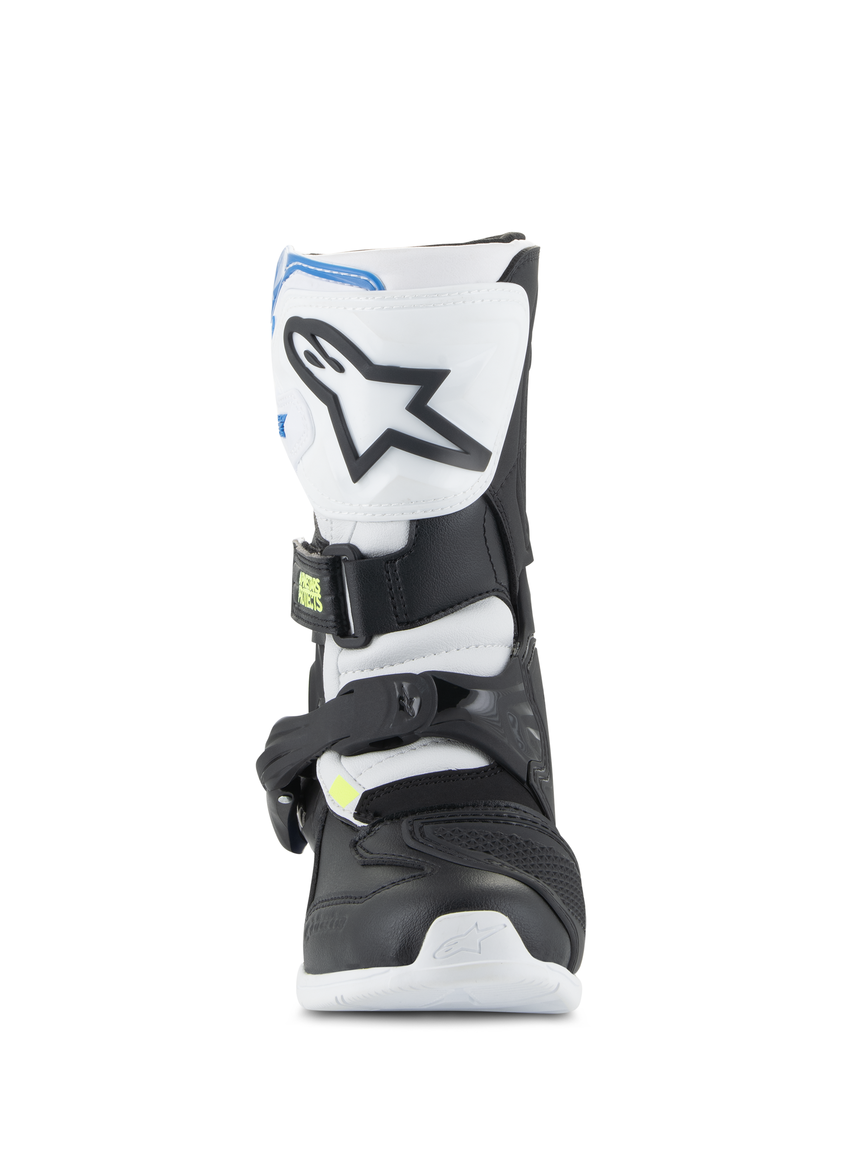 Alpinestars Kids Tech 3S Boots, Youth Motocross Boots, White Black and Enamel Blue, front profile showing TPU shin plate with star logo, black and white panels, and secure buckle closure system