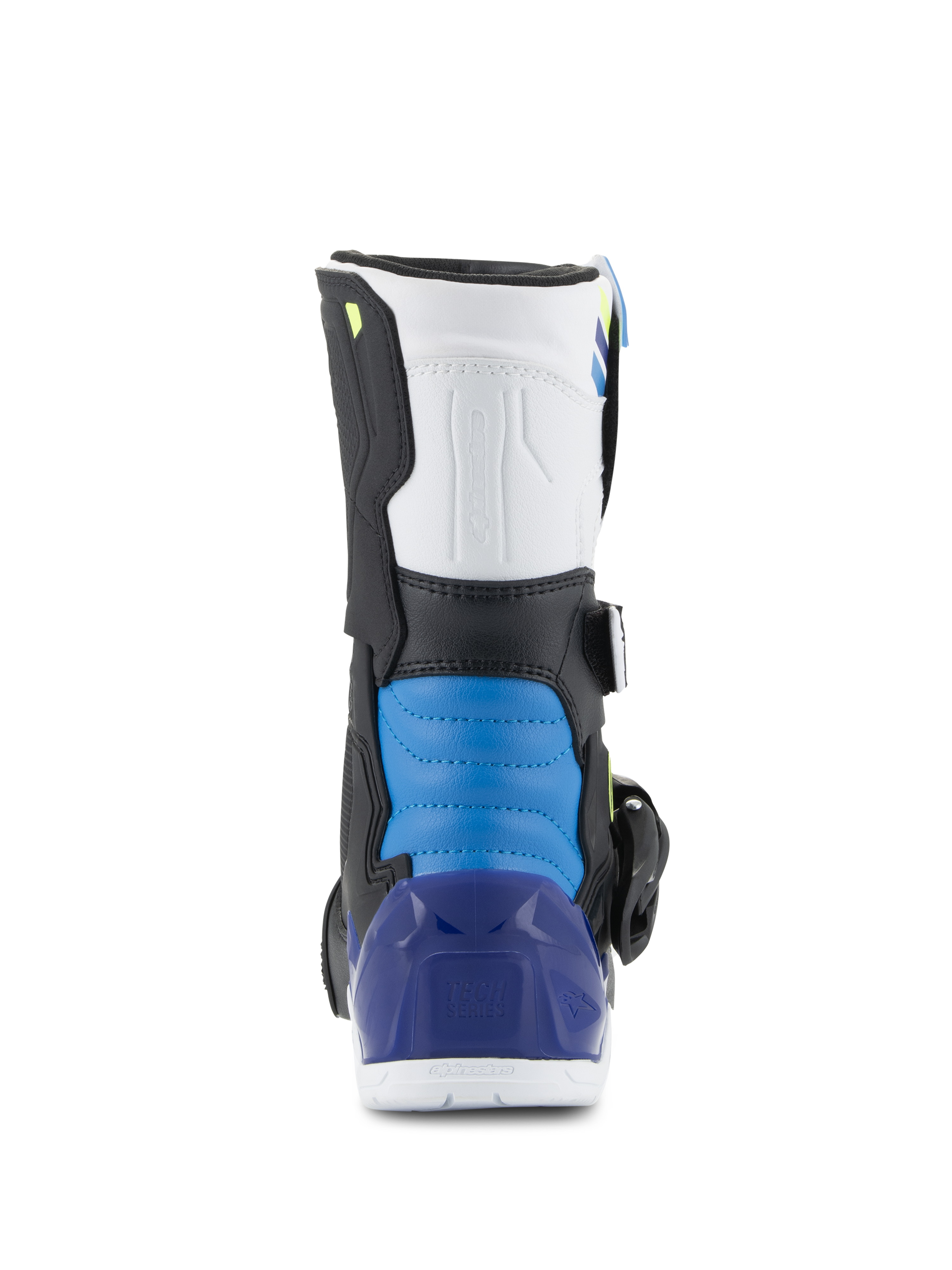 Alpinestars Kids Tech 3S Boots, Motocross Boots, White Black Enamel Blue, rear view featuring a blue padded heel section and translucent blue heel cup, durable off-road protective gear for kids