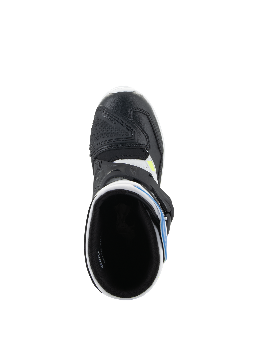 Alpinestars Kids Tech 3S Boots, Motocross Boots, White Black and Enamel Blue, top-down view showing the boot interior, black microfiber toe box with protective reinforcement, and blue accents, off-road riding footwear