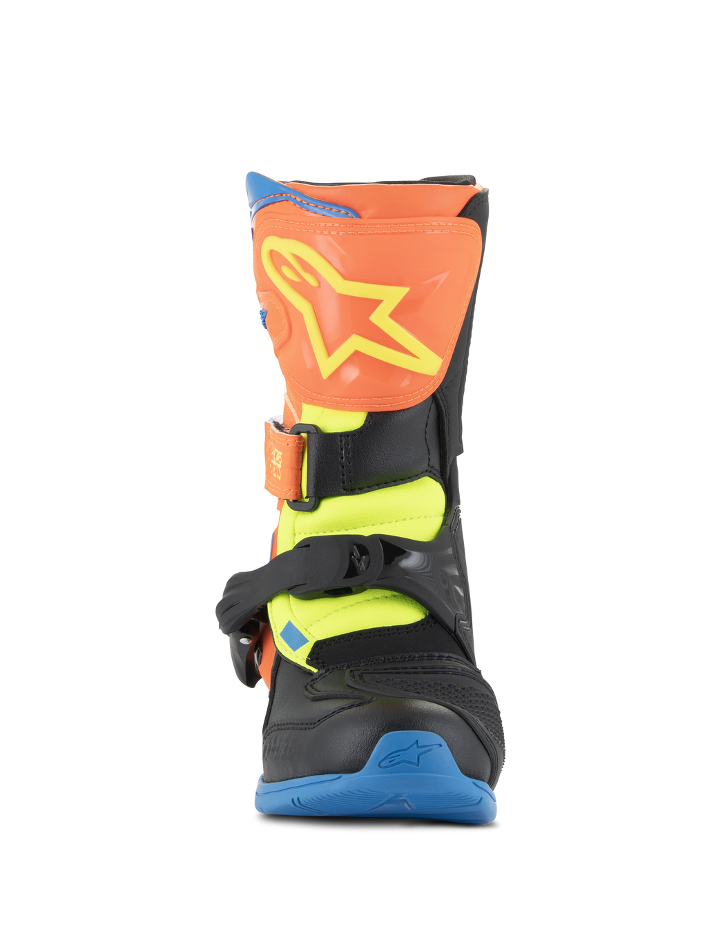 Alpinestars Kids Tech 3S Boots, Motocross Boots, Orange Fluo, Enamel Blue, and Yellow Fluo, front view featuring an orange shin plate with a yellow star logo, black buckle closures, and a blue sole, protective off-road footwear for youth riders