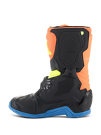 Alpinestars Kids Tech 3S Boots, Motocross Boots, Orange Fluo, Enamel Blue, and Yellow Fluo, side profile view featuring black protective panels, a blue sole, and orange upper, designed for youth off-road racing