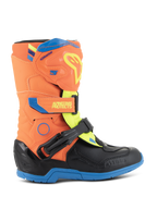 Alpinestars Kids Tech 3S Boots, Youth Motocross Boots, Orange Fluo, Enamel Blue, and Yellow Fluo, featuring a protective TPU shin plate, adjustable hook and loop straps, and a durable blue rubber sole, designed for off-road racing.