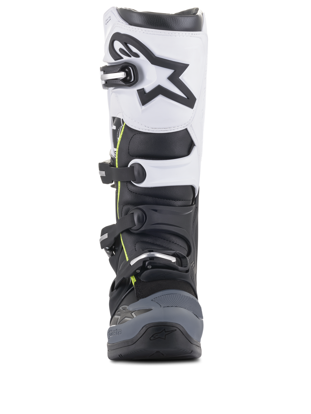 Bottes Alpinestars Tech 5, bottes de motocross, noir, gris foncé et blanc, vue de face présentant un système de fermeture à boucles multiples, panneau supérieur blanc avec logo Astars noir, bout renforcé gris foncé et discrets accents jaunes