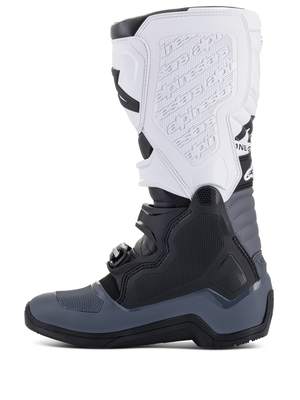 Bottes Alpinestars Tech 5, bottes de motocross, noir, gris foncé et blanc, vue de profil avec plusieurs fermetures à boucles, marquage en relief sur la plaque protège-tibia blanche et construction robuste pour la performance tout-terrain