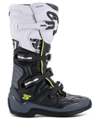 Bottes Alpinestars Tech 5, bottes de motocross, blanc, noir et gris foncé avec accents jaune fluo, système de fermeture à quatre boucles, panneaux de protection renforcés et pivot biomécanique, microfibre de qualité supérieure pour performance tout-terrain