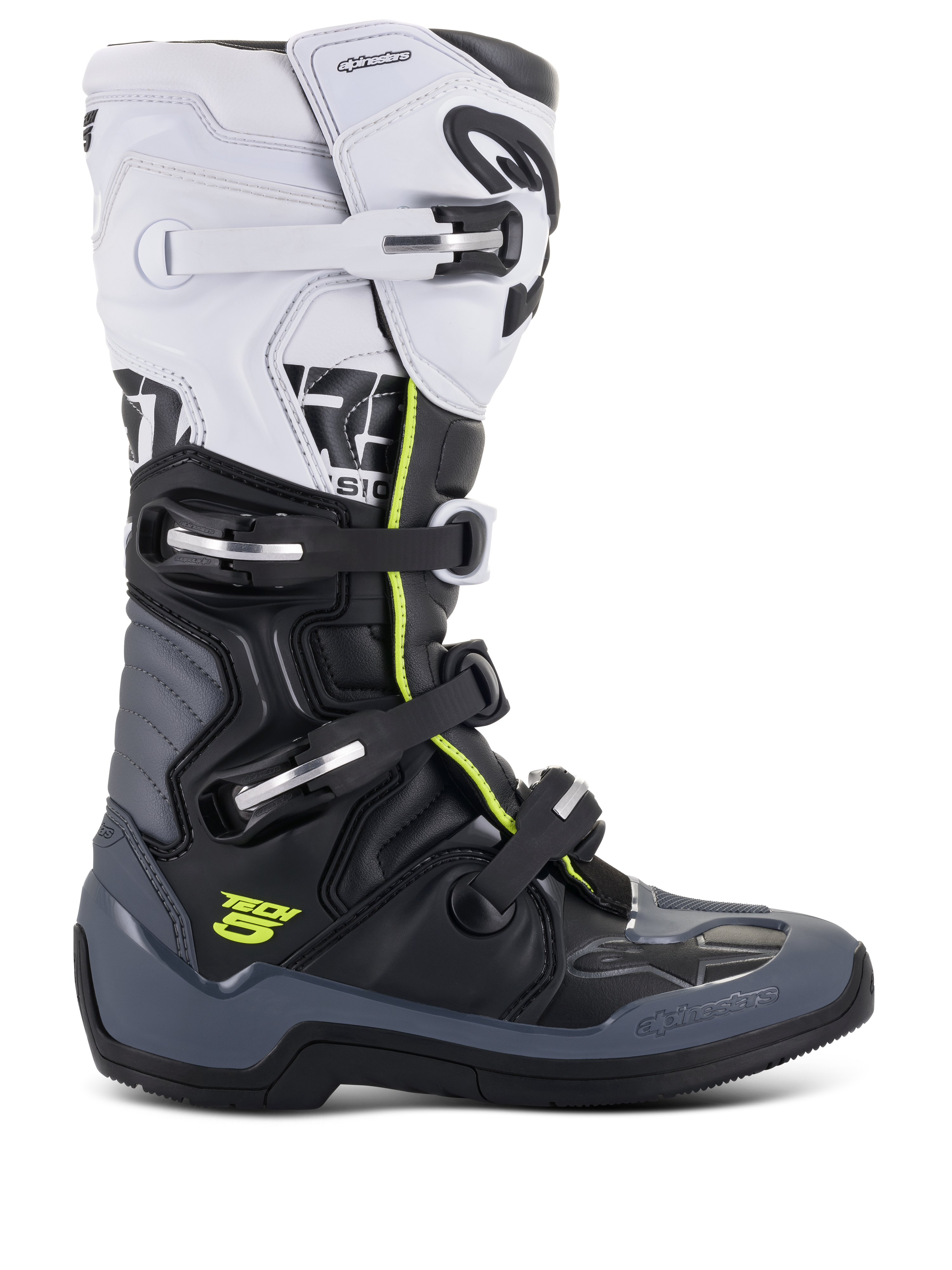 Bottes Alpinestars Tech 5, bottes de motocross, blanc, noir et gris foncé avec accents jaune fluo, système de fermeture à quatre boucles, panneaux de protection renforcés et pivot biomécanique, microfibre de qualité supérieure pour performance tout-terrain