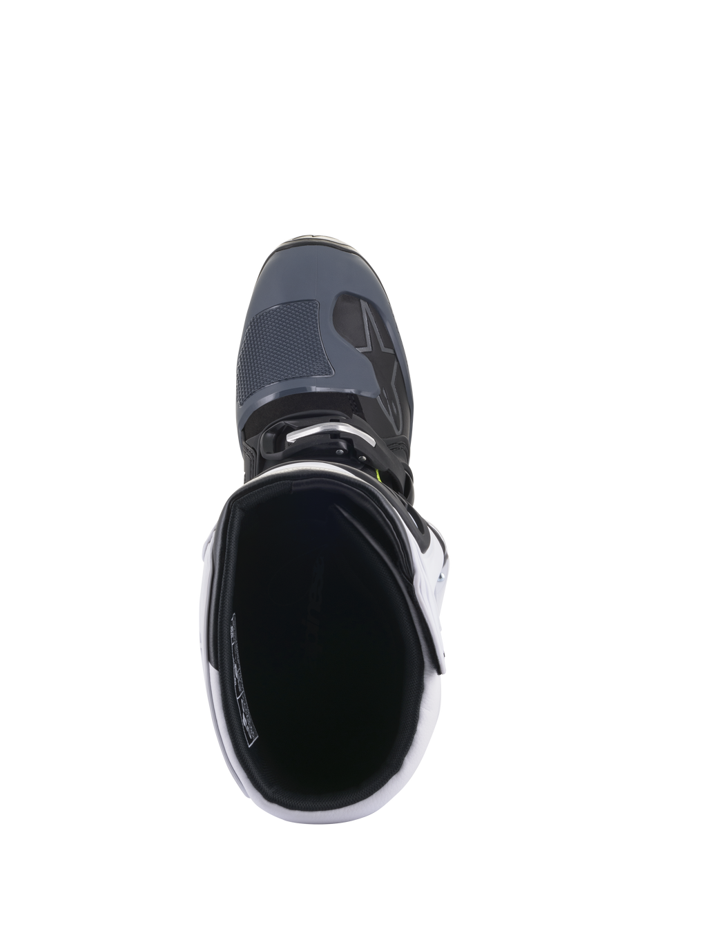 Bottes Alpinestars Tech 5, bottes de motocross, noir, gris foncé et blanc, vue de dessus plongeant dans l'ouverture de la botte, montrant l'intérieur rembourré et le bout du pied texturé, chaussures de protection professionnelles pour la course tout-terrain