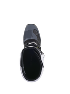 Bottes Alpinestars Tech 5, bottes de motocross, noir, gris foncé et blanc, vue de dessus plongeant dans l'ouverture de la botte, montrant l'intérieur rembourré et le bout du pied texturé, chaussures de protection professionnelles pour la course tout-terrain