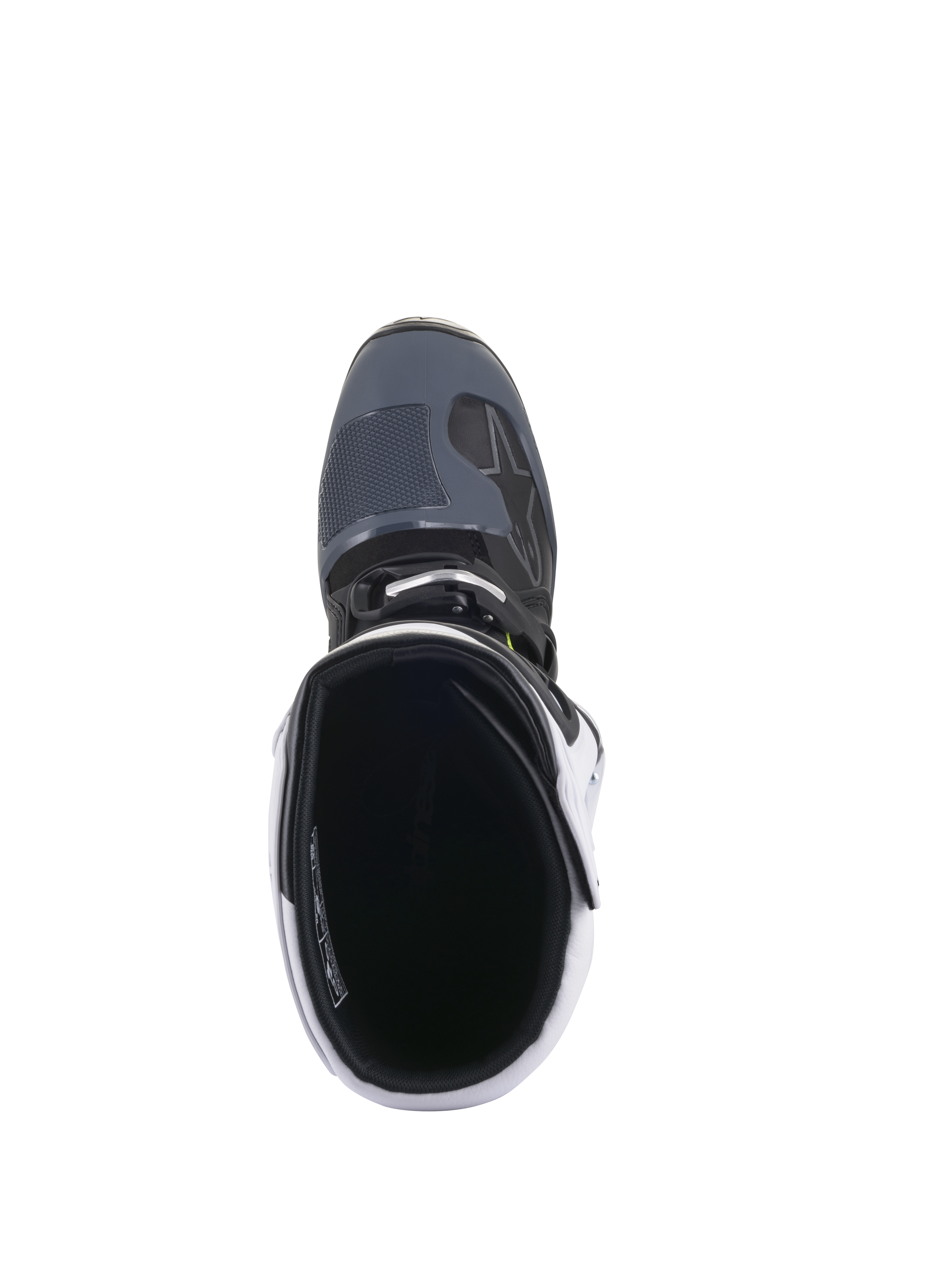 Bottes Alpinestars Tech 5, bottes de motocross, noir, gris foncé et blanc, vue de dessus plongeant dans l'ouverture de la botte, montrant l'intérieur rembourré et le bout du pied texturé, chaussures de protection professionnelles pour la course tout-terrain