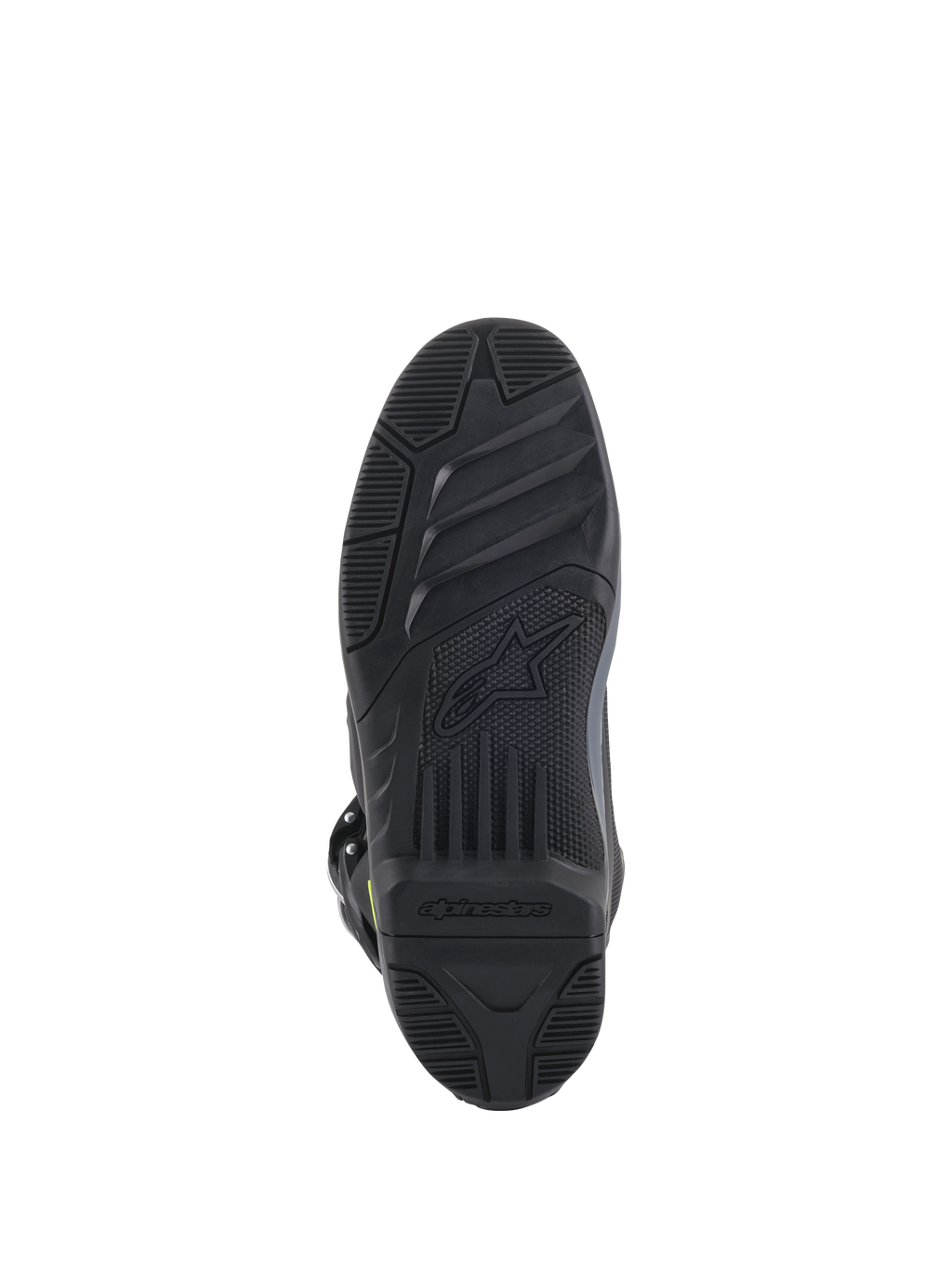 Bottes Alpinestars Tech 5, vue de la semelle, noires, motif de semelle texturé pour une adhérence tout-terrain, avec logo et symbole d'étoile Alpinestars embossés, chaussure de motocross à construction durable