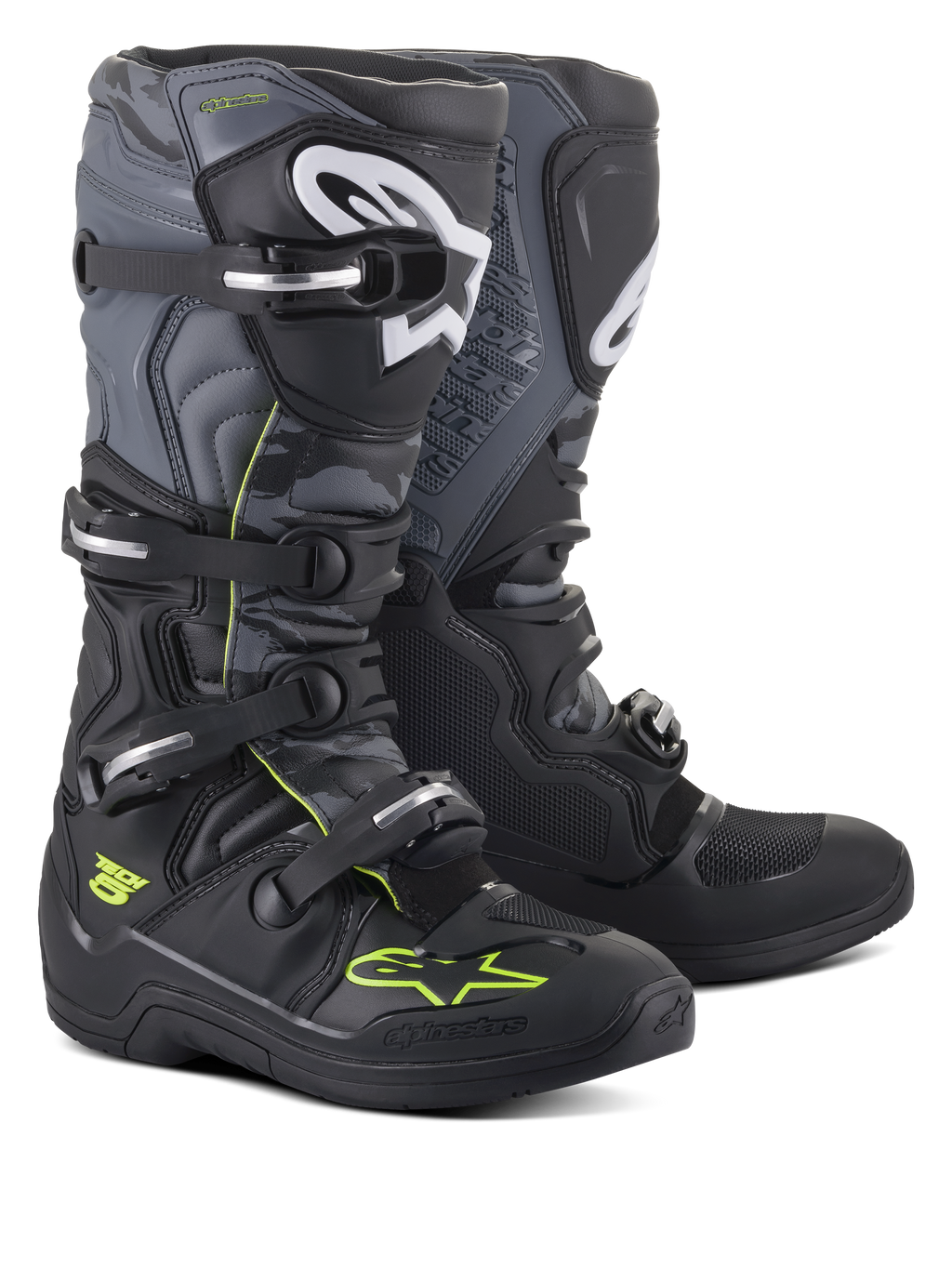 Bottes Alpinestars Tech 5, bottes de motocross et tout-terrain, noir, gris cool et jaune fluo, dotées d'un système de fermeture à quatre boucles, logos blancs sur le tibia et accents jaune fluo, construction en microfibre durable pour la performance tout-terrain