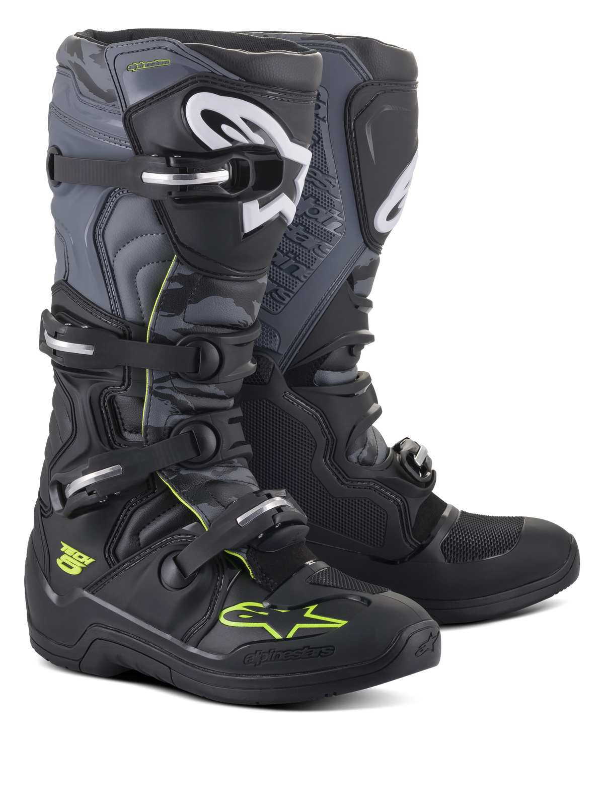 Bottes Alpinestars Tech 5, bottes de motocross et tout-terrain, noir, gris cool et jaune fluo, dotées d'un système de fermeture à quatre boucles, logos blancs sur le tibia et accents jaune fluo, construction en microfibre durable pour la performance tout-terrain